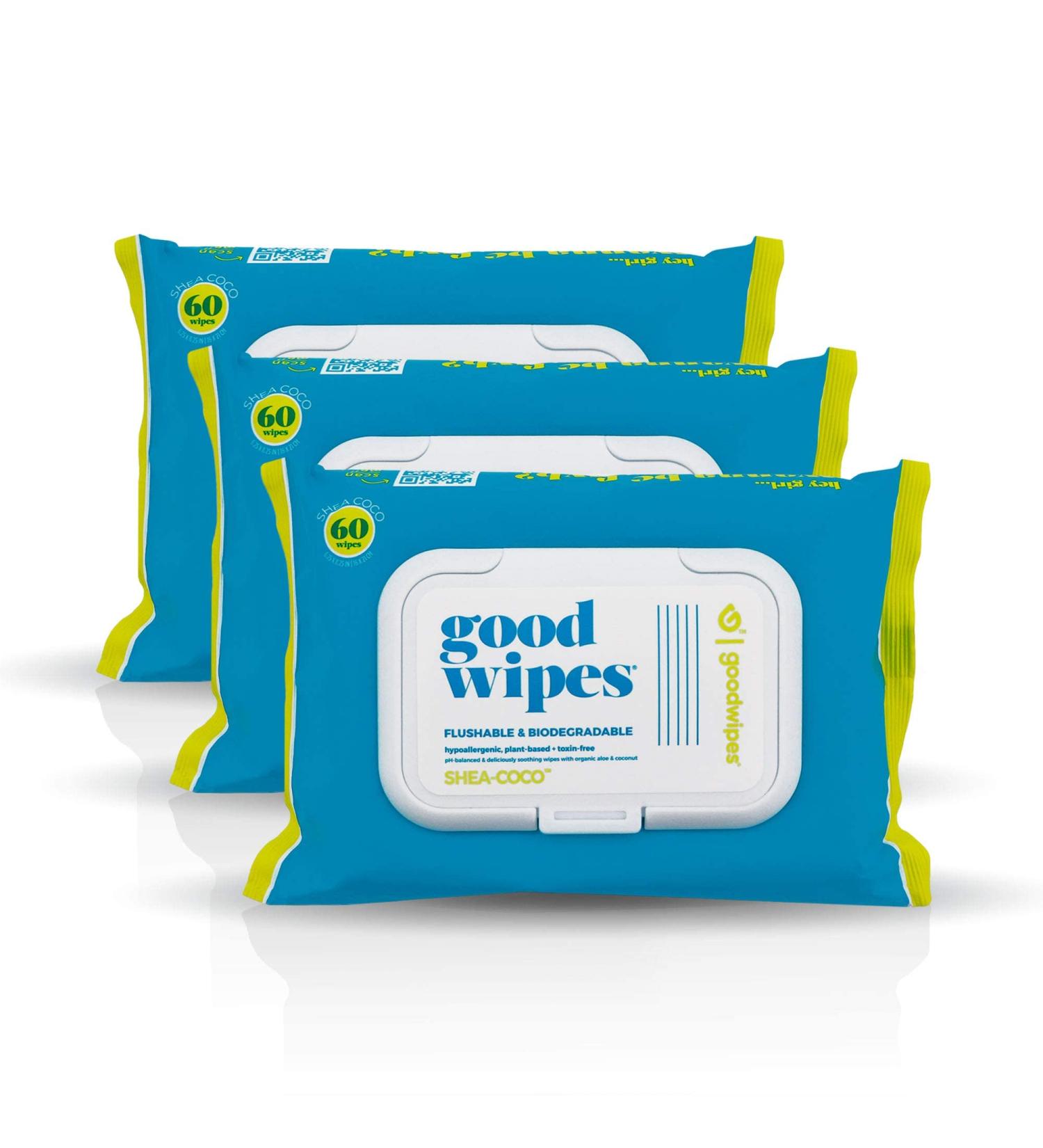 Goodwipes Flushable & Biodegradable Wipes with Botanicals | 180 Count (3 Packs) | Shea-Coco with Aloe | At-Home Use Safe | Septic-Sewer Safe - Buy Online on SooperMarket.com