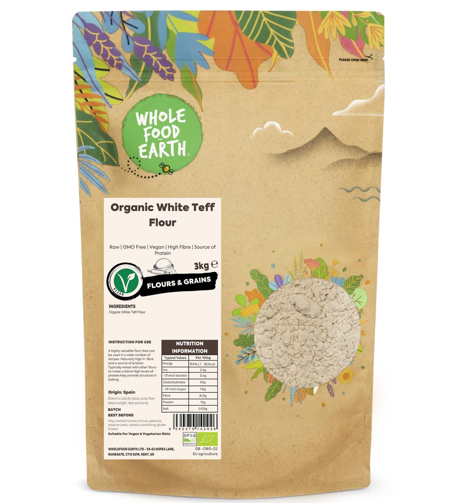 Wholefood Earth Organic White Teff Flour 3 kg - GMO-Free, Vegan, High Fibre, Protein-Rich | Certified Organic - Buy Online on SooperMarket.com
