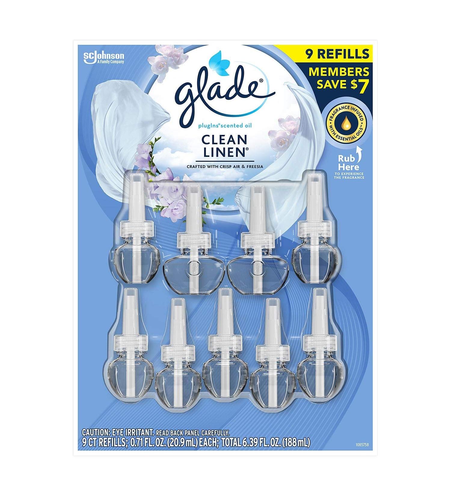 Glade PlugIns Scented Oil Refill Essential Oil Infused Wall Plug in 6.39 fl. oz 9 ct. (Clean LIne)