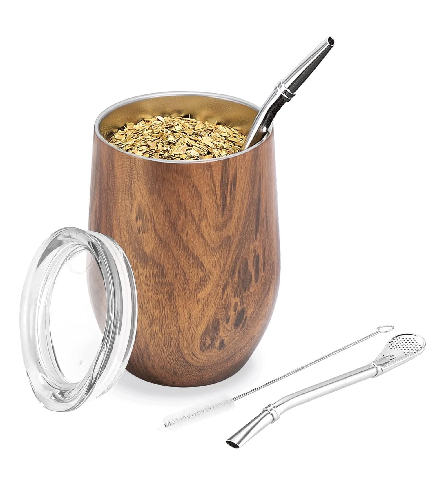 Telanks Modern 340 ML Yerba Mate Becher | 18/8 Stainless Steel Tea Cup with BPA-Free Lid & Cleaning Brush - Buy Online on SooperMarket.com