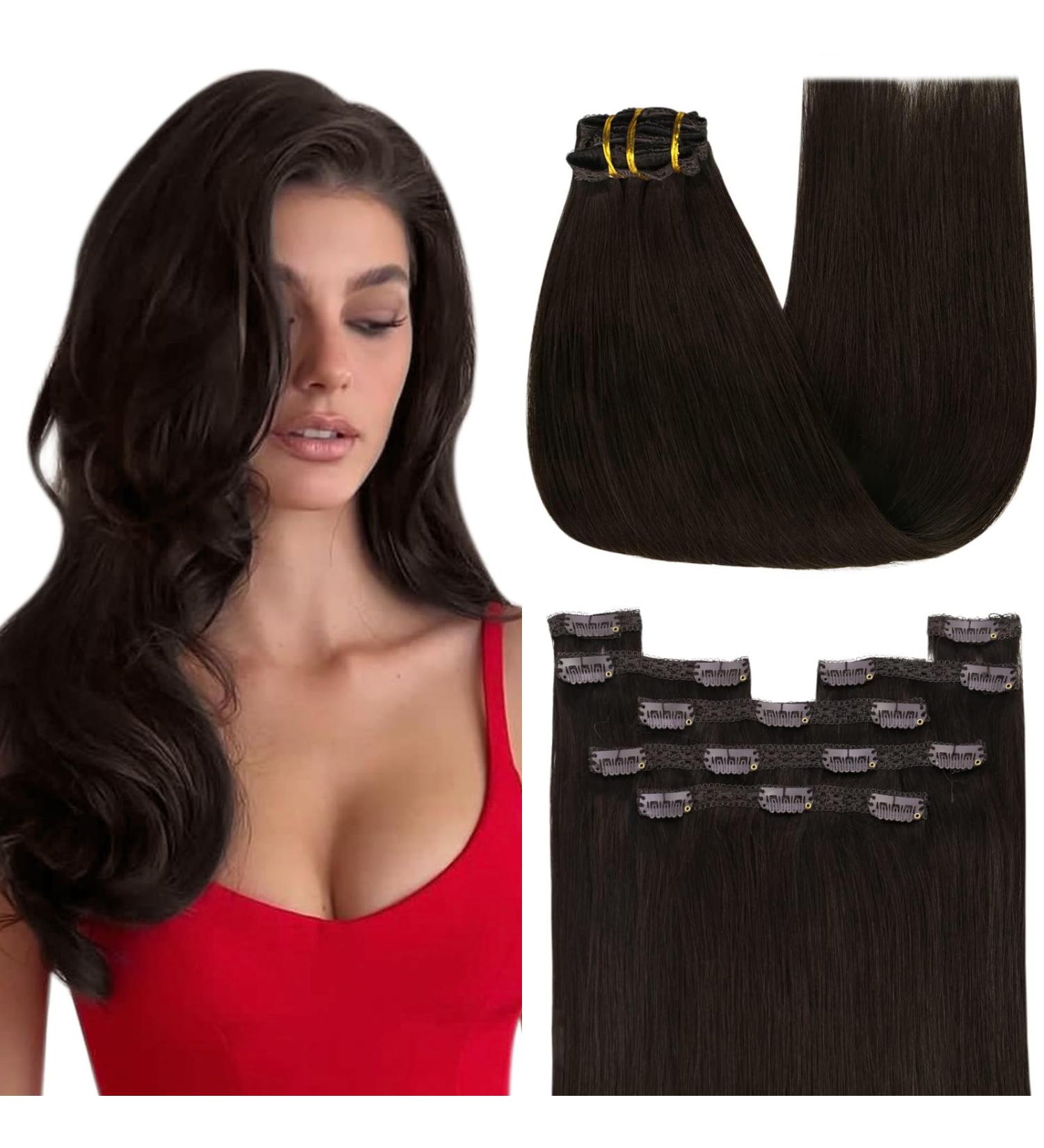 Youngsee Clip-In Extensions | Real Hair Brown 40 cm | Smooth Remy Hair Extensions (120g) - Dark Brown 7PCs - Buy Online on SooperMarket.com