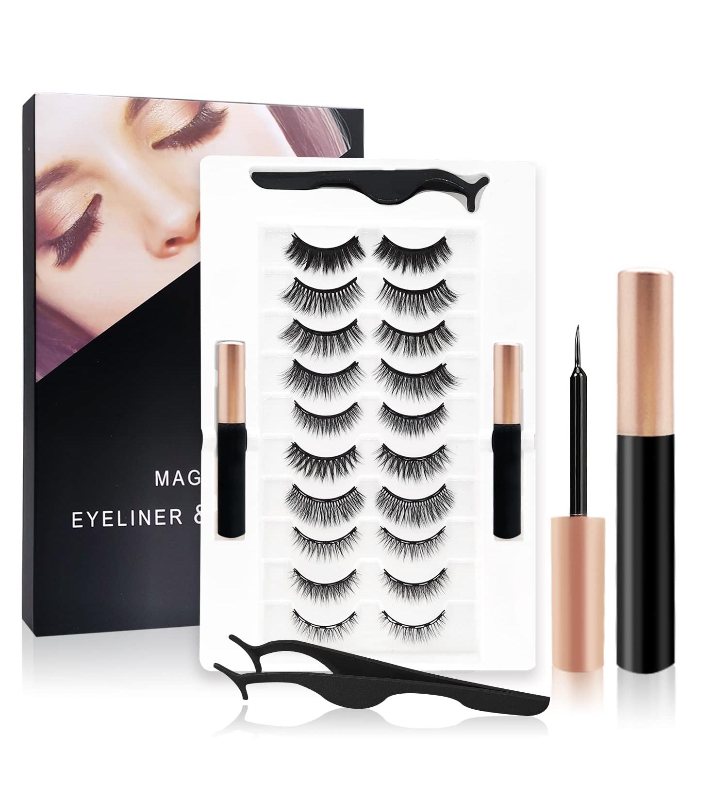 Magnetic Eyelashes Kit with Eyeliner - Natural Looking 10 Pairs | Reusable 3D False Lashes Pack with Tweezers - No Glue Needed! - Buy Online on SooperMarket.com