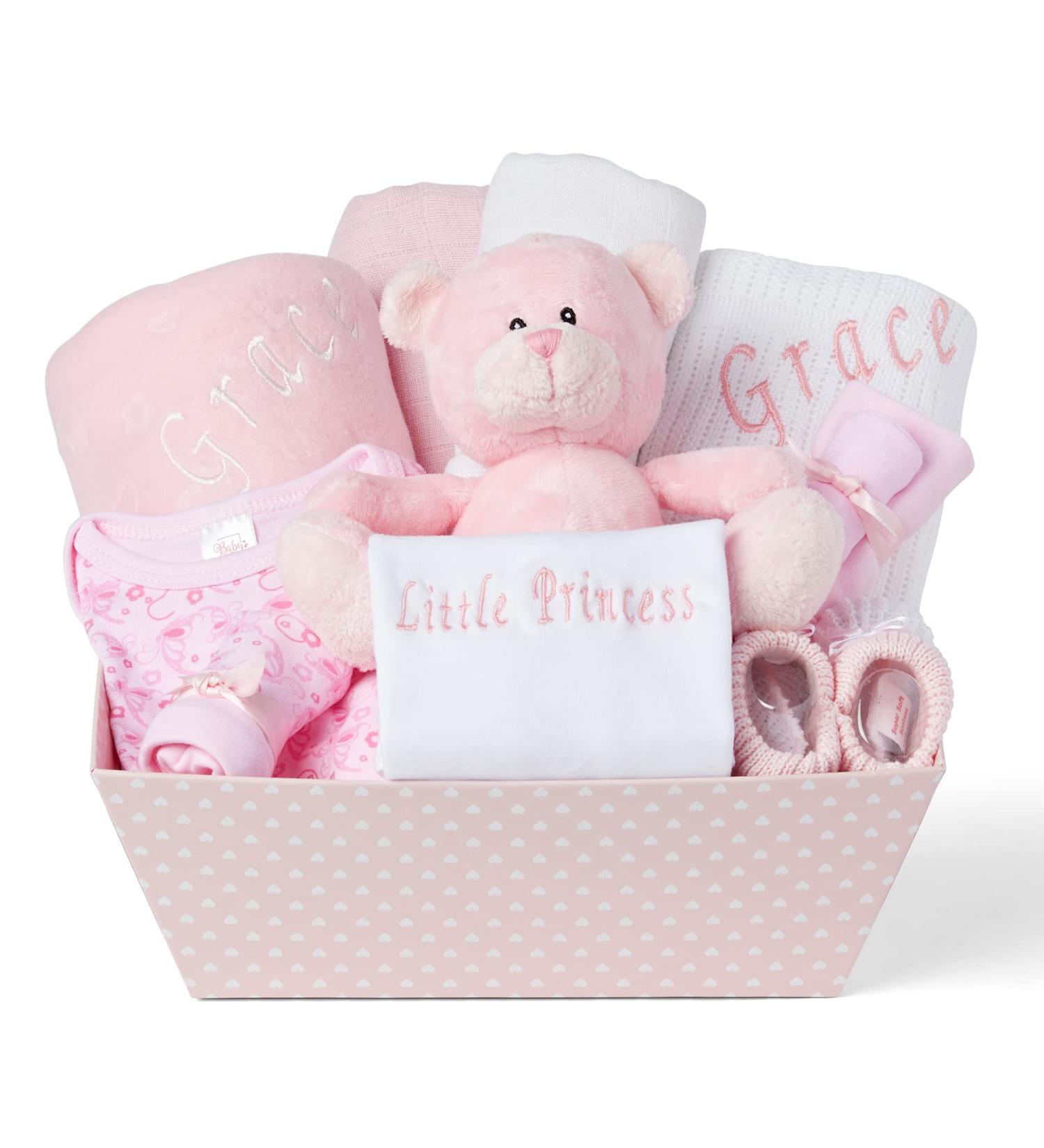 Baby Box Shop Personalised Baby Gift Set - 12 Essentials + 3 Personalised Gifts for Newborn Baby Girl - Pink Hamper Basket - Buy Online on SooperMarket.com