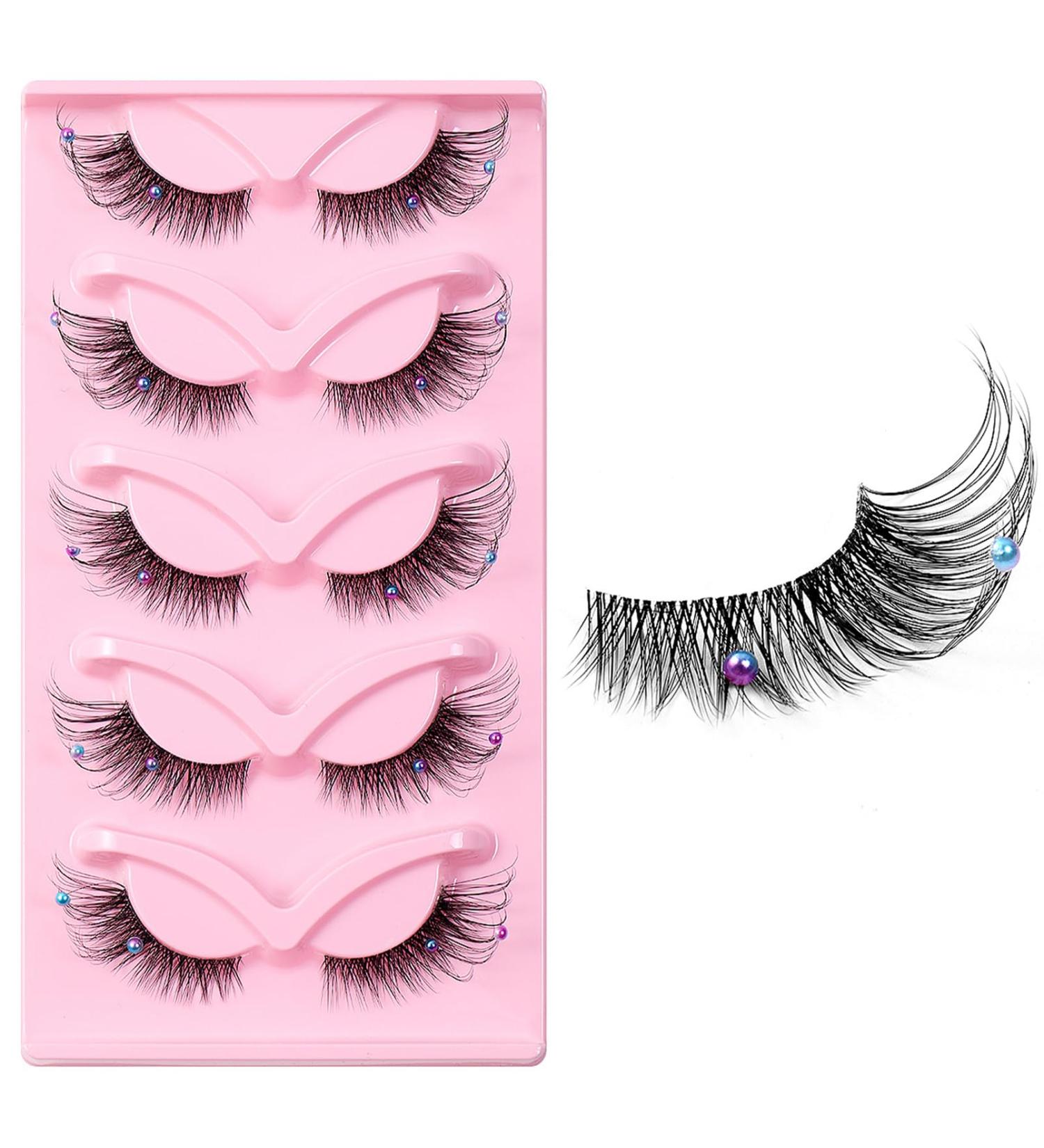 Fluffy False Lashes Fake Eyelashes 5 Pairs Lash Extension with Small Pearl Decoration Cat Eye False Eyelashes 3D Faux Eyelashes for Costume Party Stage Performance Festival Celebrations - Buy Online on SooperMarket.com