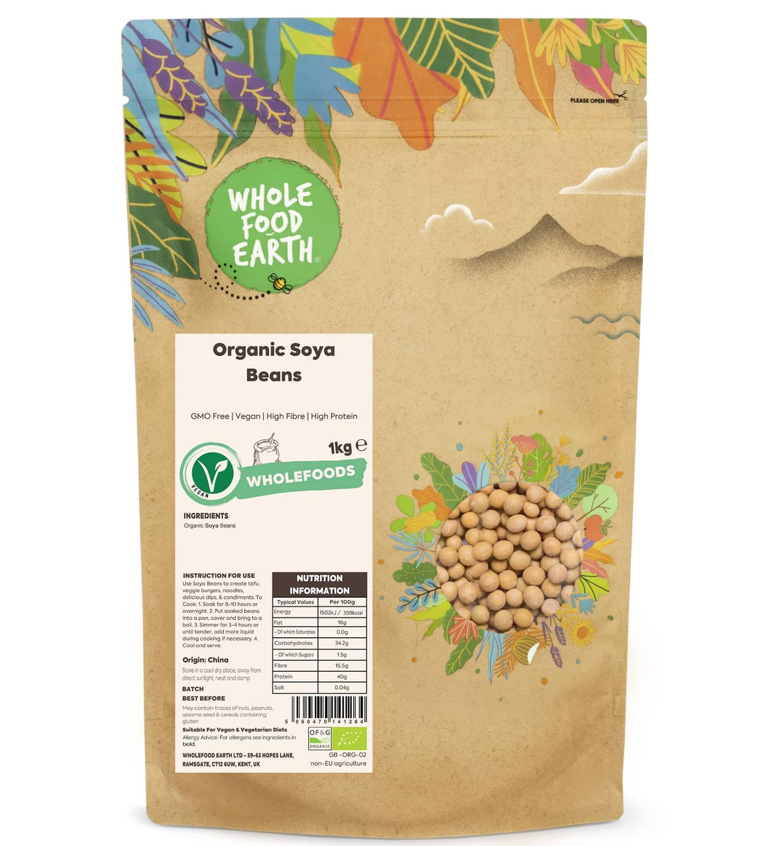 Wholefood Earth Organic Soya Beans 1kg - GMO Free, Vegan, High Fibre & Protein - Certified Organic - Buy Online on SooperMarket.com