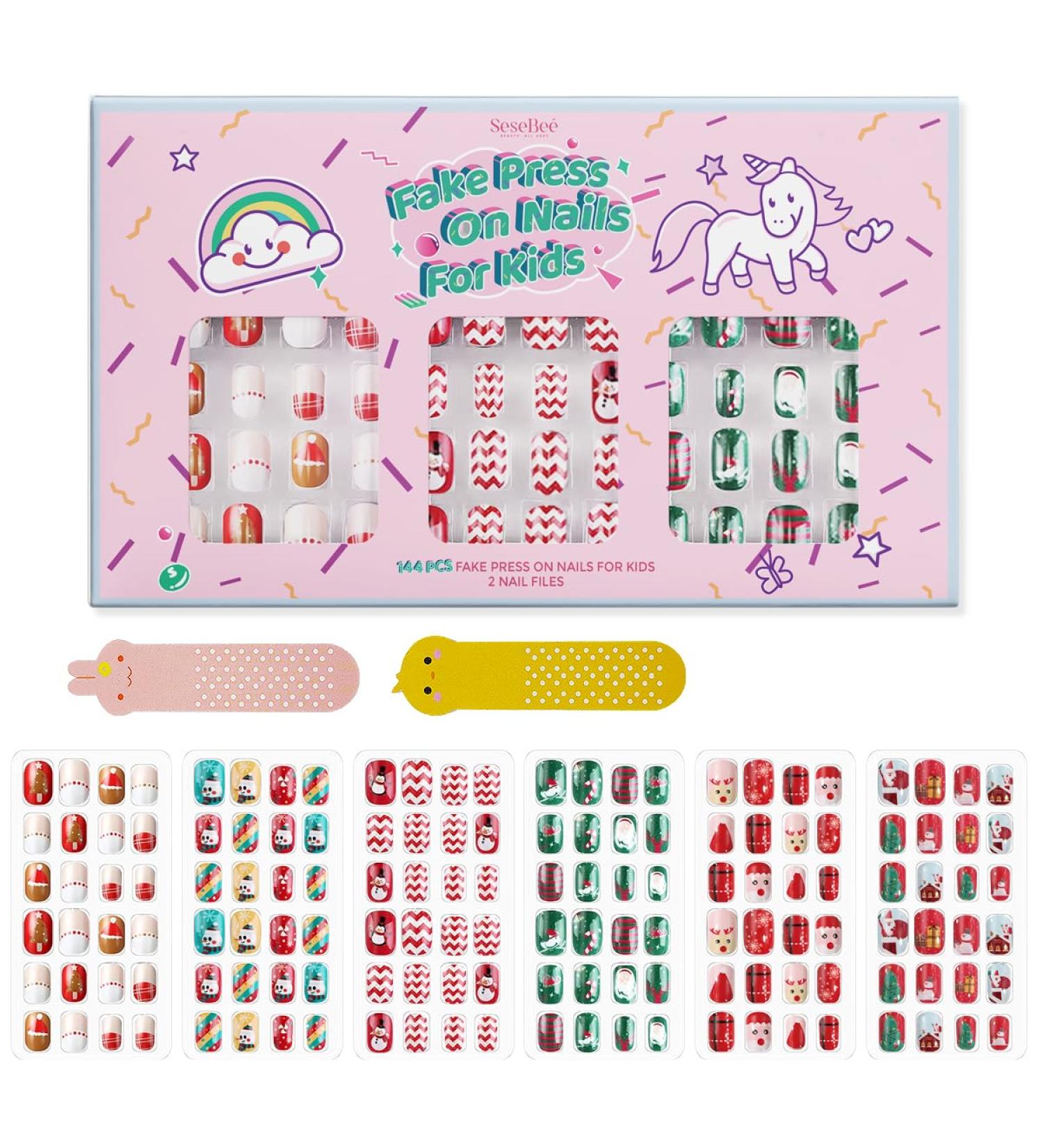 144Pcs Kids Christmas Style Press on Nails | Quick Stick on Fake Nails for Girls | Full Cover Acrylic Nail Kit | Children's Nail Decoration Set - Buy Online on SooperMarket.com