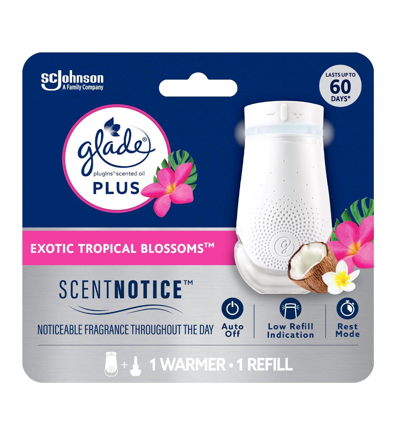 Glade PlugIns Plus Air Freshener Starter Kit Scented and Essential Oils for Home and Bathroom Exotic Tropical Blossoms 1 Warmer and 1 Refill - Buy Online on SooperMarket.com