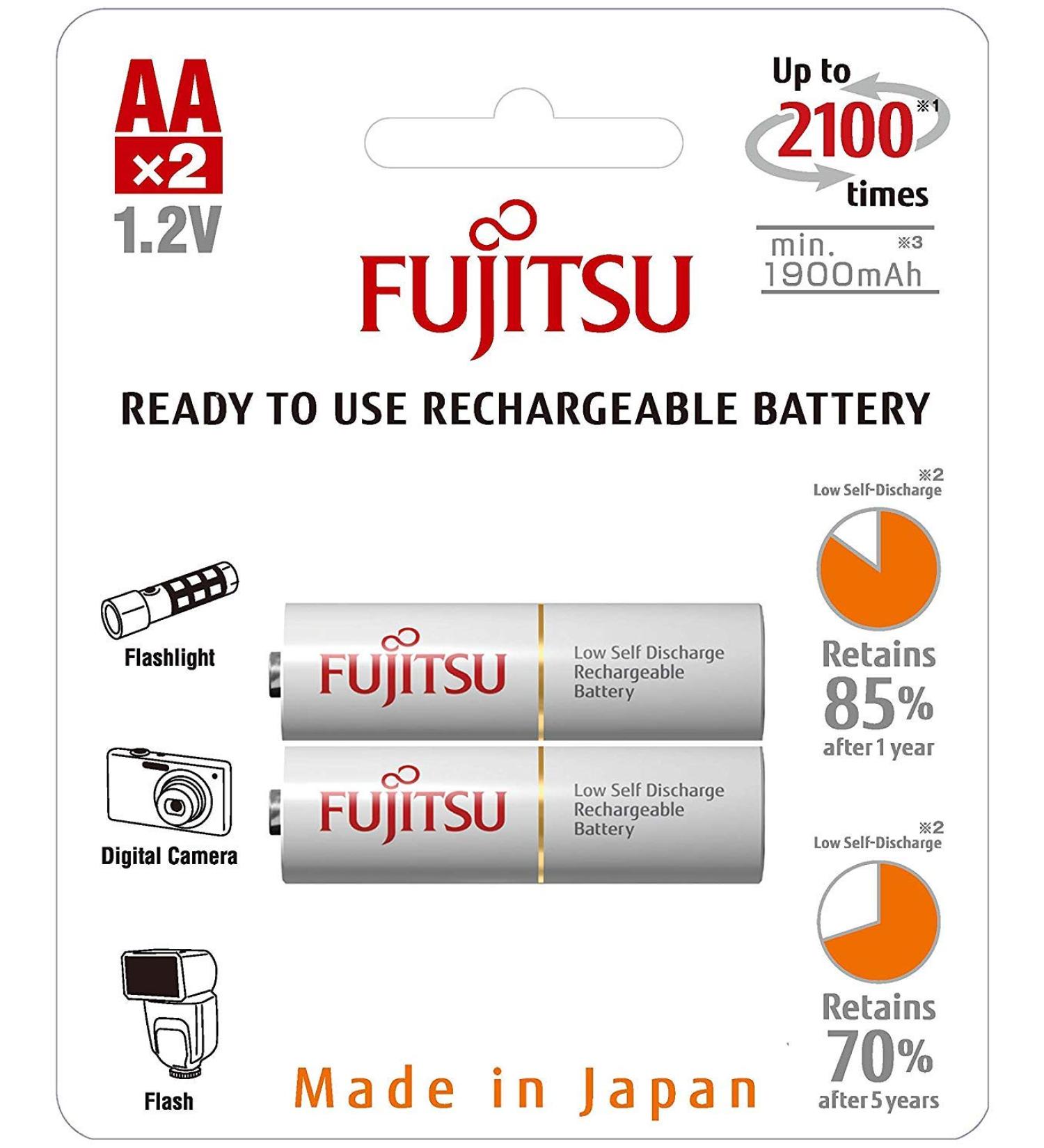 Fujitsu AA Ready-to-Use Rechargeable Battery 1.2 Volts min.1900mAh Double A Pack of 2 Count (HR-3UTCEU)