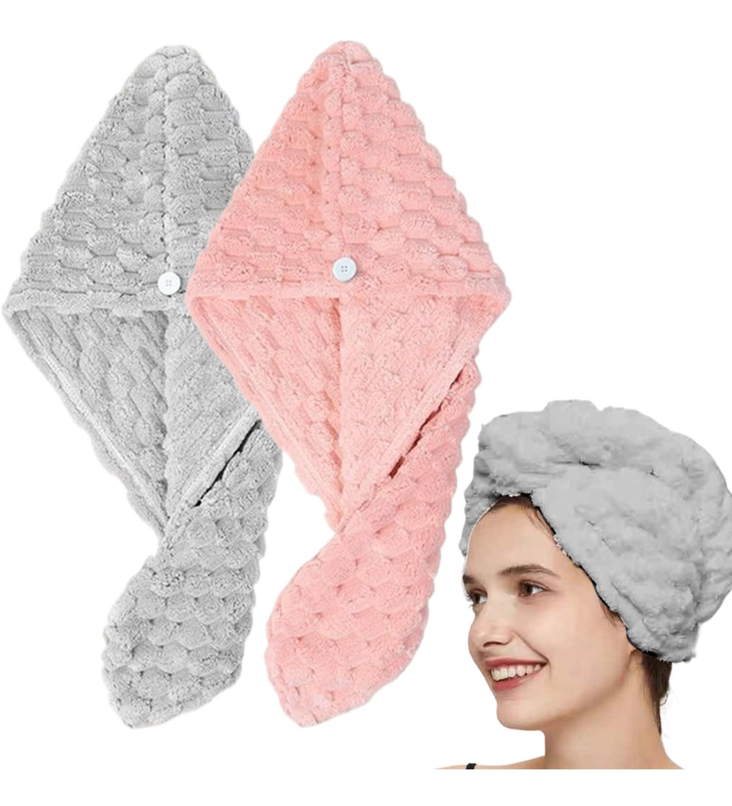 2Pcs Hair Towel Wrap - Quick Dry Microfiber Towel for Curly Hair & All Hair Types - Anti-Frizz & Button Fixing - Large 9.8x25.6 - Buy Online on SooperMarket.com