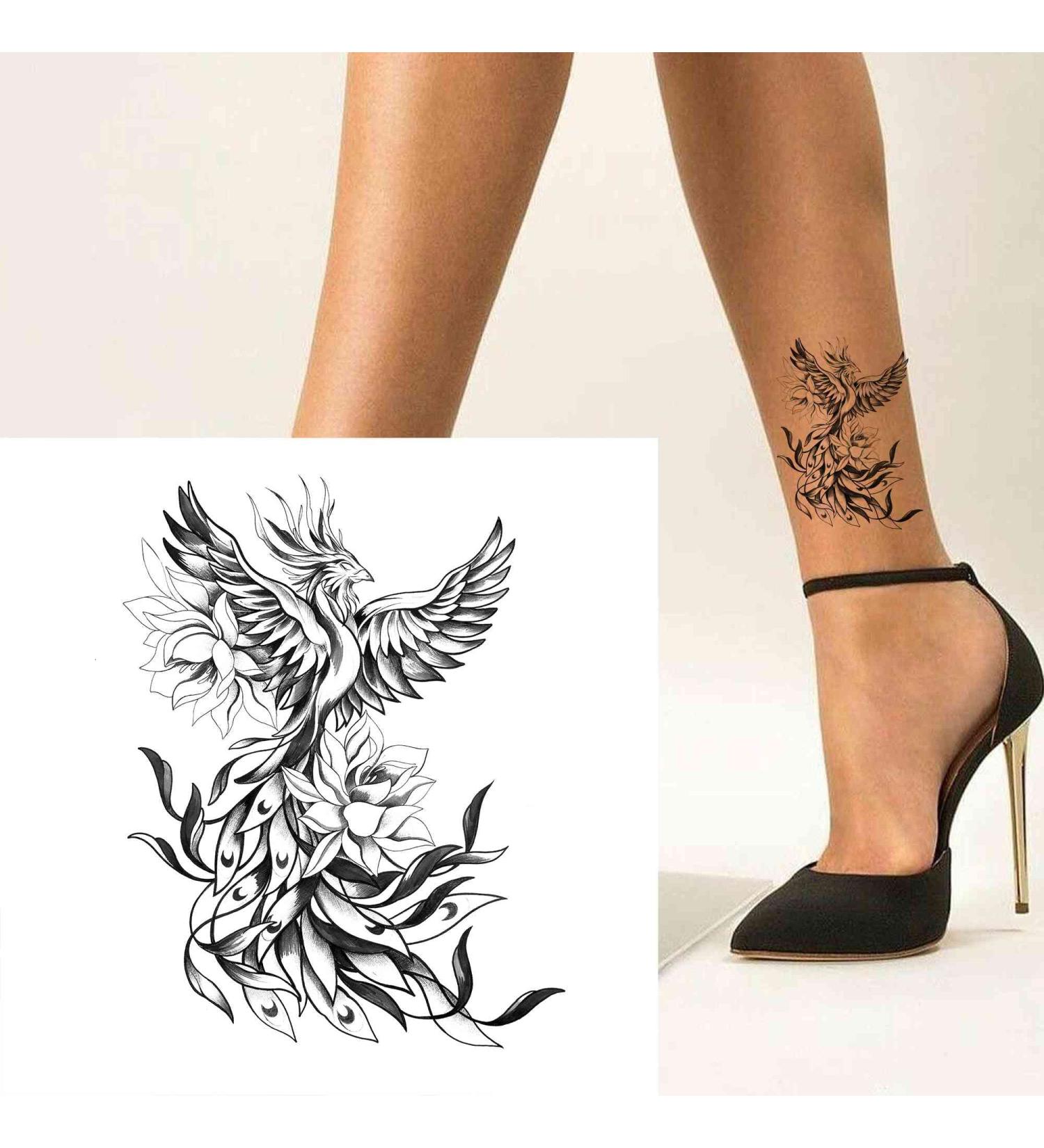 Dopetattoo 6 Sheets Temporary Fake Tattoos for Men Adults Black White Sketch of a Majestic Phoenix in Beautiful Flowers Temporary Fake Tattoo for Women Neck Arm Chest for Woman