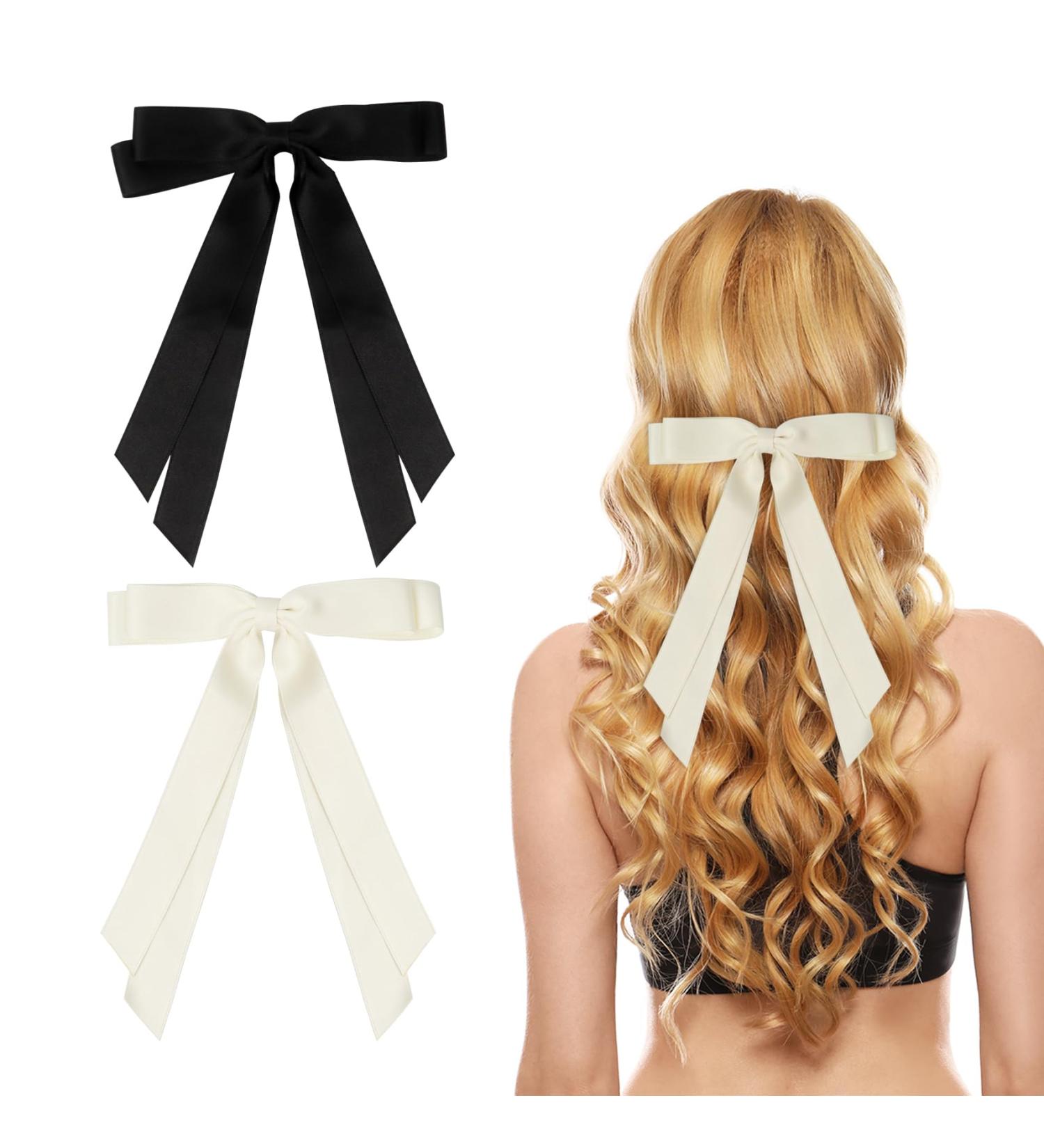 2 Pack Hair Bows for Women Bow Hair Clips French Barrette with Long Silky Satin Hair Ribbons for Women Girls(Black Beige) Beige Black - Buy Online on SooperMarket.com