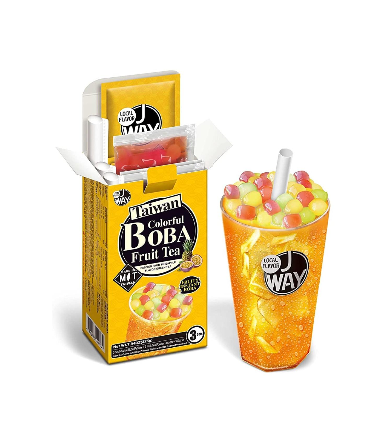 J WAY Instant Passionfruit Pineapple Green Tea Kit with Colorful Tapioca Boba - 3 Servings | Ready in 1 Minute | Includes Paper Straws - Buy Online on SooperMarket.com