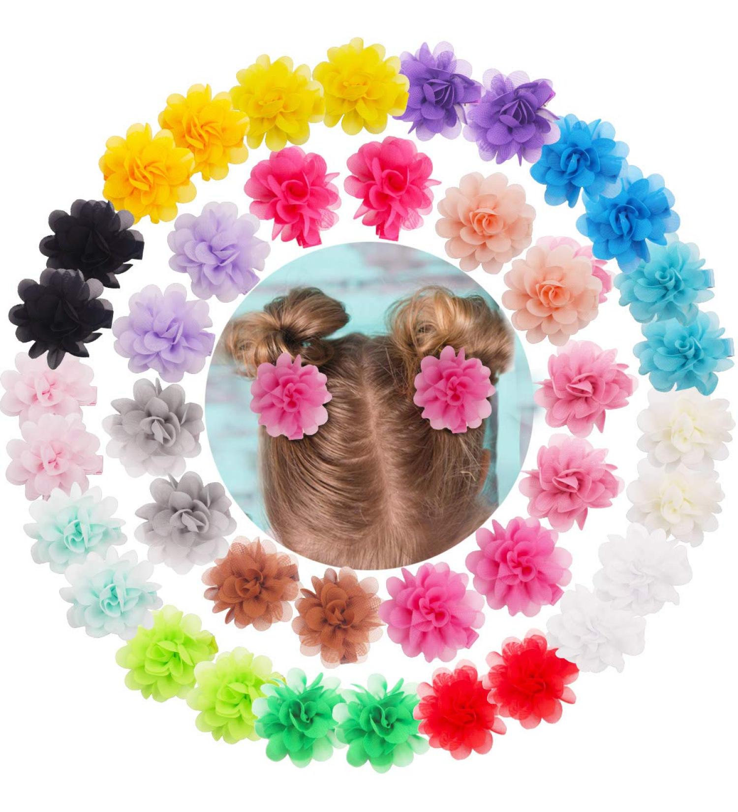 40pcs Chiffon Flower Baby Girl Hair Clips - Cute Ribbon Lined Clips for Infants & Toddlers - Buy Online on SooperMarket.com