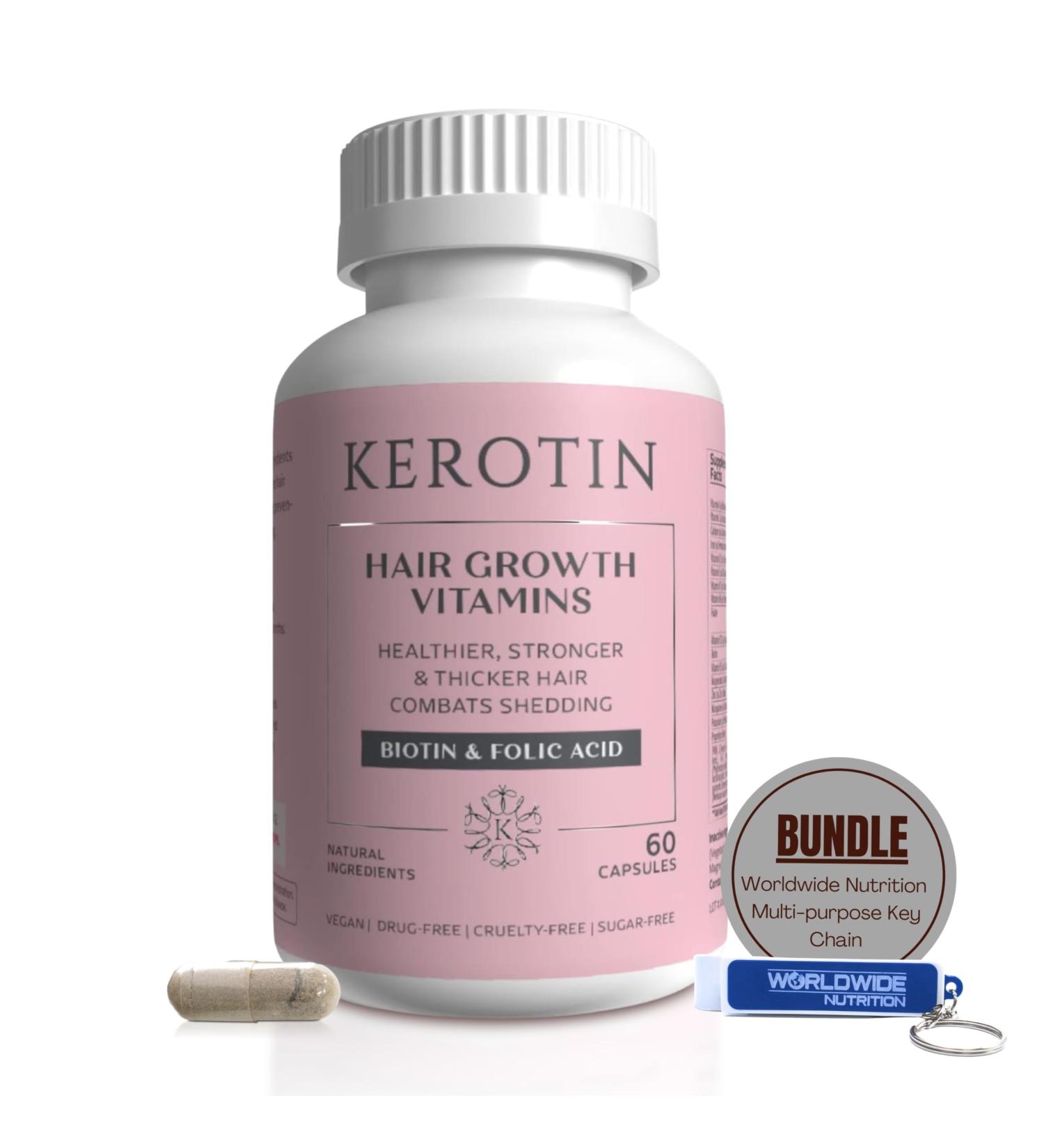 Worldwide Nutrition Kerotin Hair Growth Vitamins - Biotin DHT Blocker Supplement & Key Chain - 60 Count for Natural Hair Strength - Buy Online on SooperMarket.com