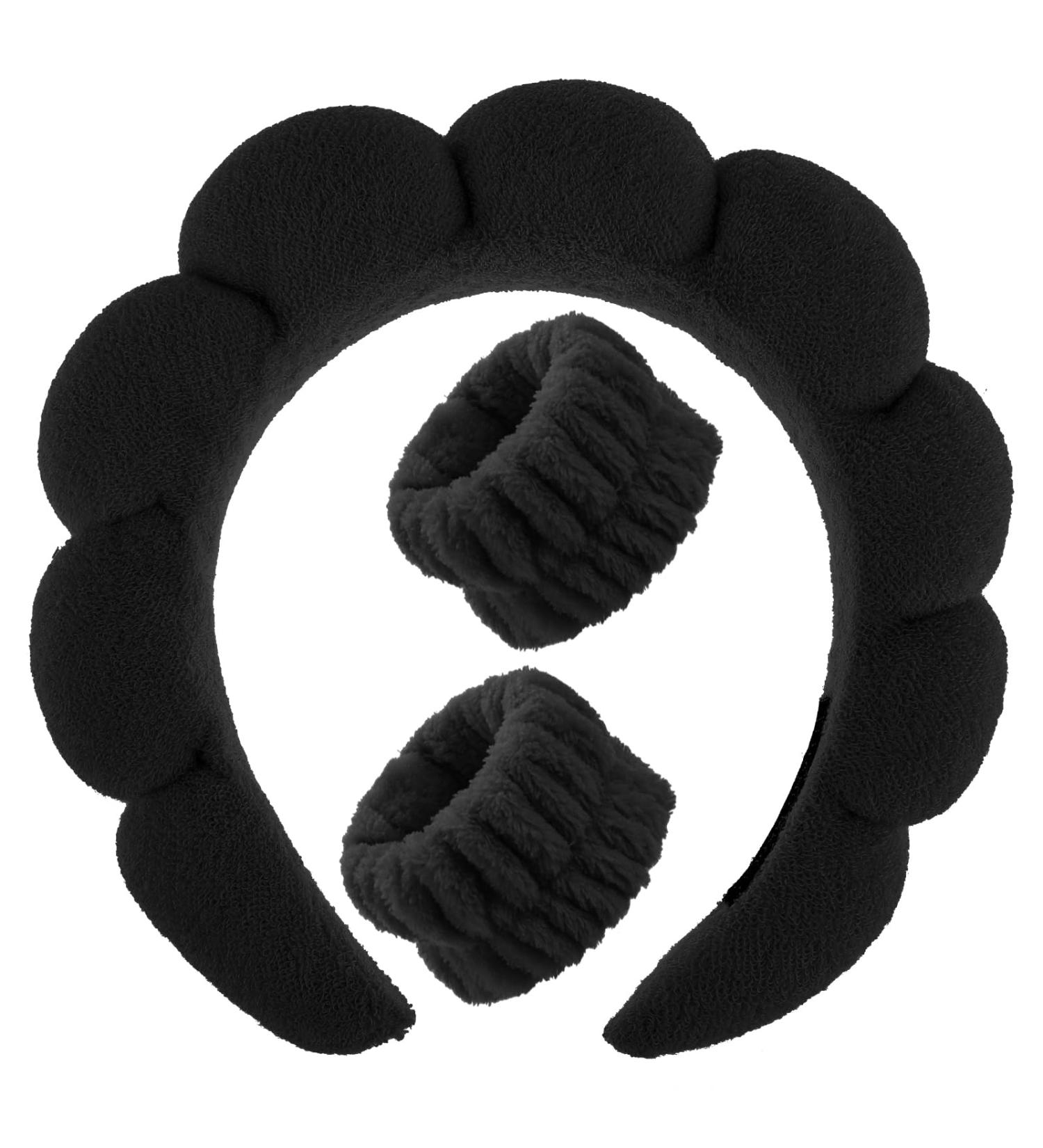 WLLHYF Spa Headband Wristband Set for Washing Face Sponge Makeup Skincare Hairband Soft Towel Cloth Headwear Puffy Non Slip Padded Hair Band Hair Accessory for Women Girls Shower Sports(Black) - Buy Online on SooperMarket.com