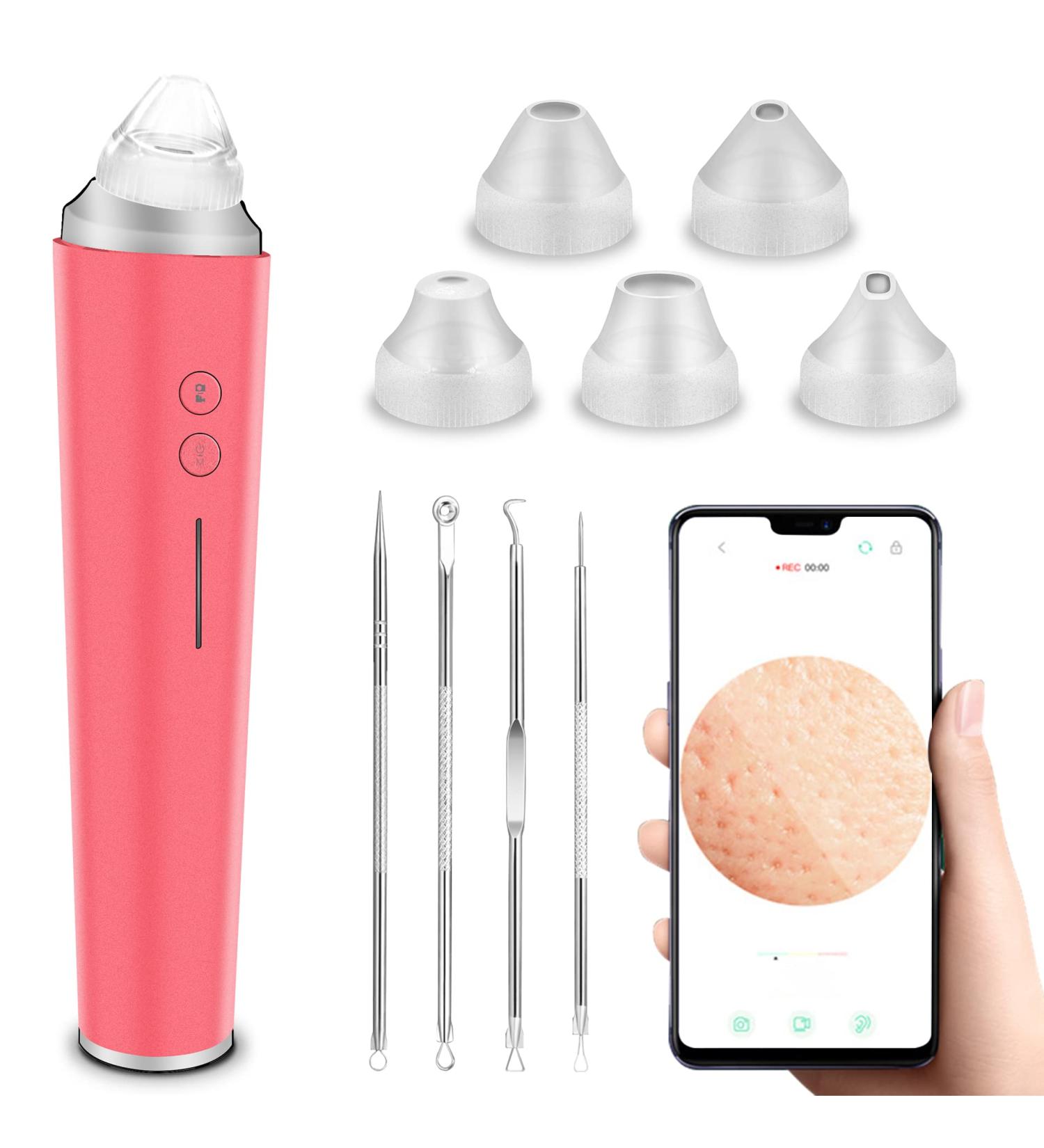 WiFi Blackhead Remover Pore Vacuum with 5.0 Megapixels HD Camera | Electric Blackhead Suction Tool with 6 Suction Heads | USB Rechargeable Pimple Acne Comedone Extractor Kit - Pink - Buy Online on SooperMarket.com