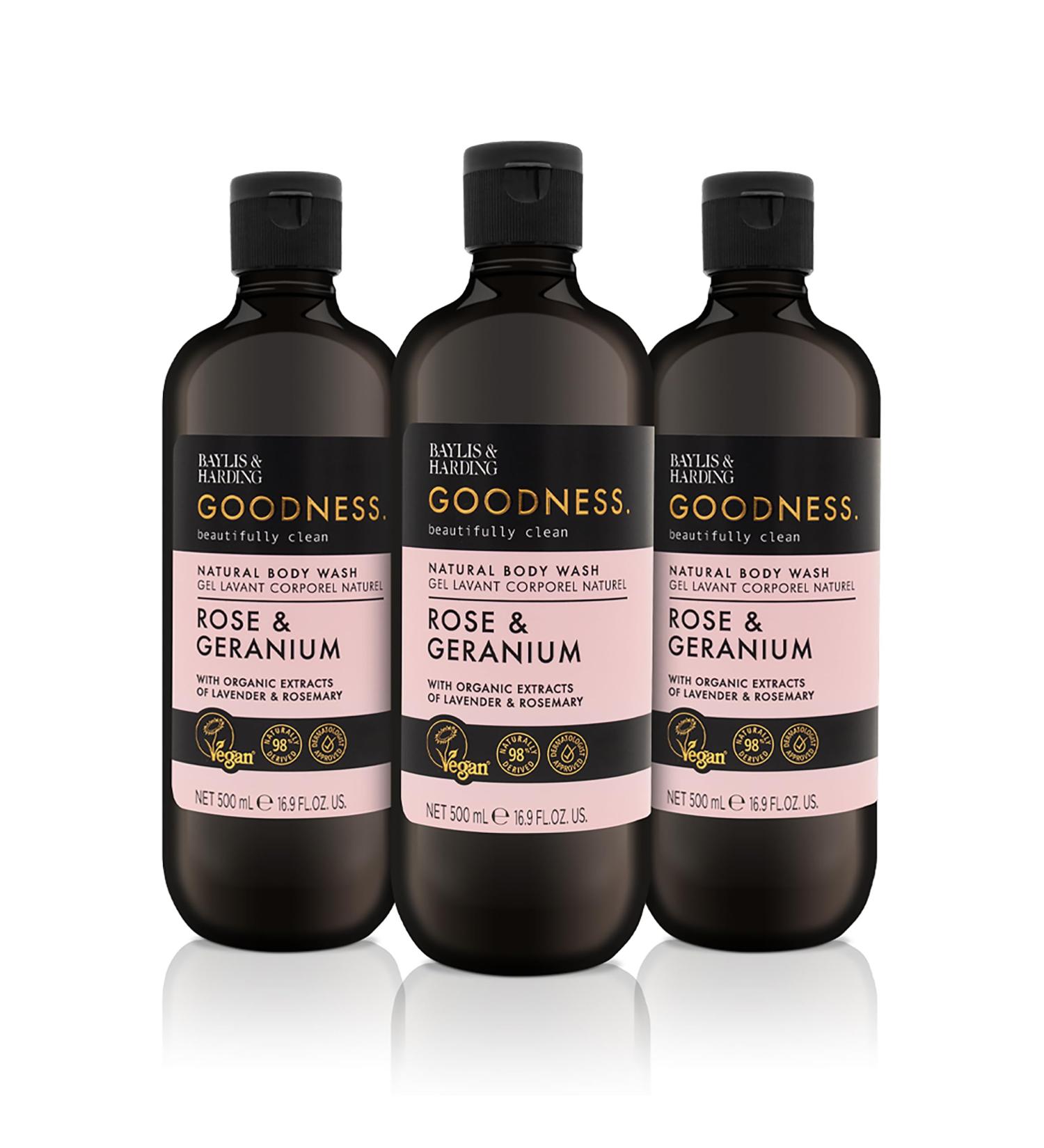 Baylis & Harding Goodness Rose & Geranium Natural Body Wash 500 ml (Pack of 3) - Vegan Friendly 0.33 ml (Pack of 3) Rose & Gernium Body Wash - Buy Online on SooperMarket.com
