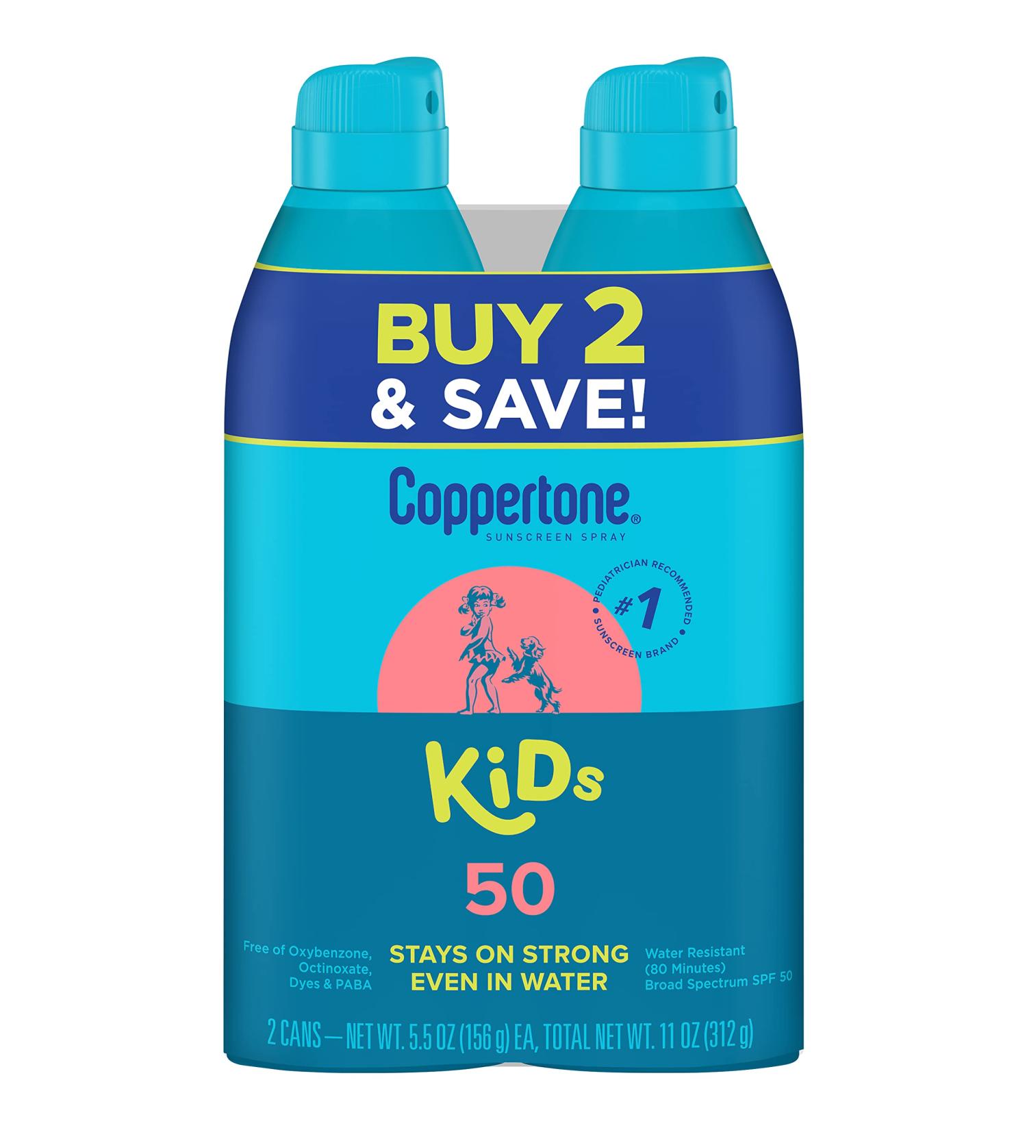 Coppertone Kids SPF 50 Water Resistant Sunscreen Spray, Pack of 2 - Pediatrician Recommended, Broad Spectrum Protection - Buy Online on SooperMarket.com