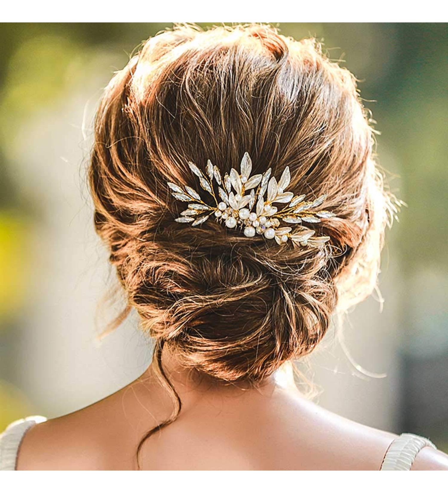 Unicra Gold Leaf Bride Wedding Hair Comb with Crystals and Pearls - Bridal Headpiece for Women and Girls - Buy Online on SooperMarket.com