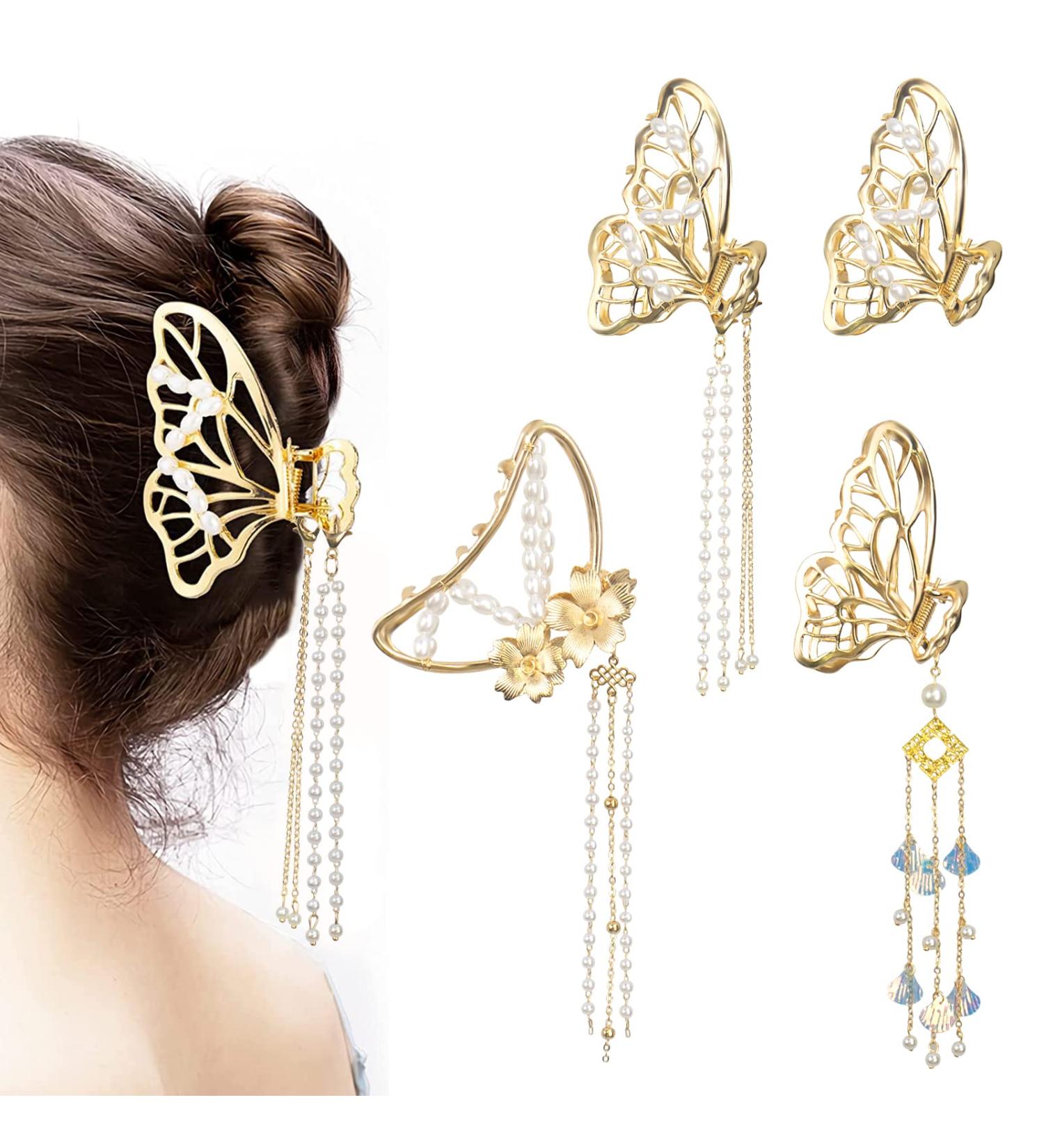 Shop Stylish Metal Hair Clips - 4-Pack Gold Butterfly Design | Fashionable & Slipproof Hair Jewelry - Buy Online on SooperMarket.com