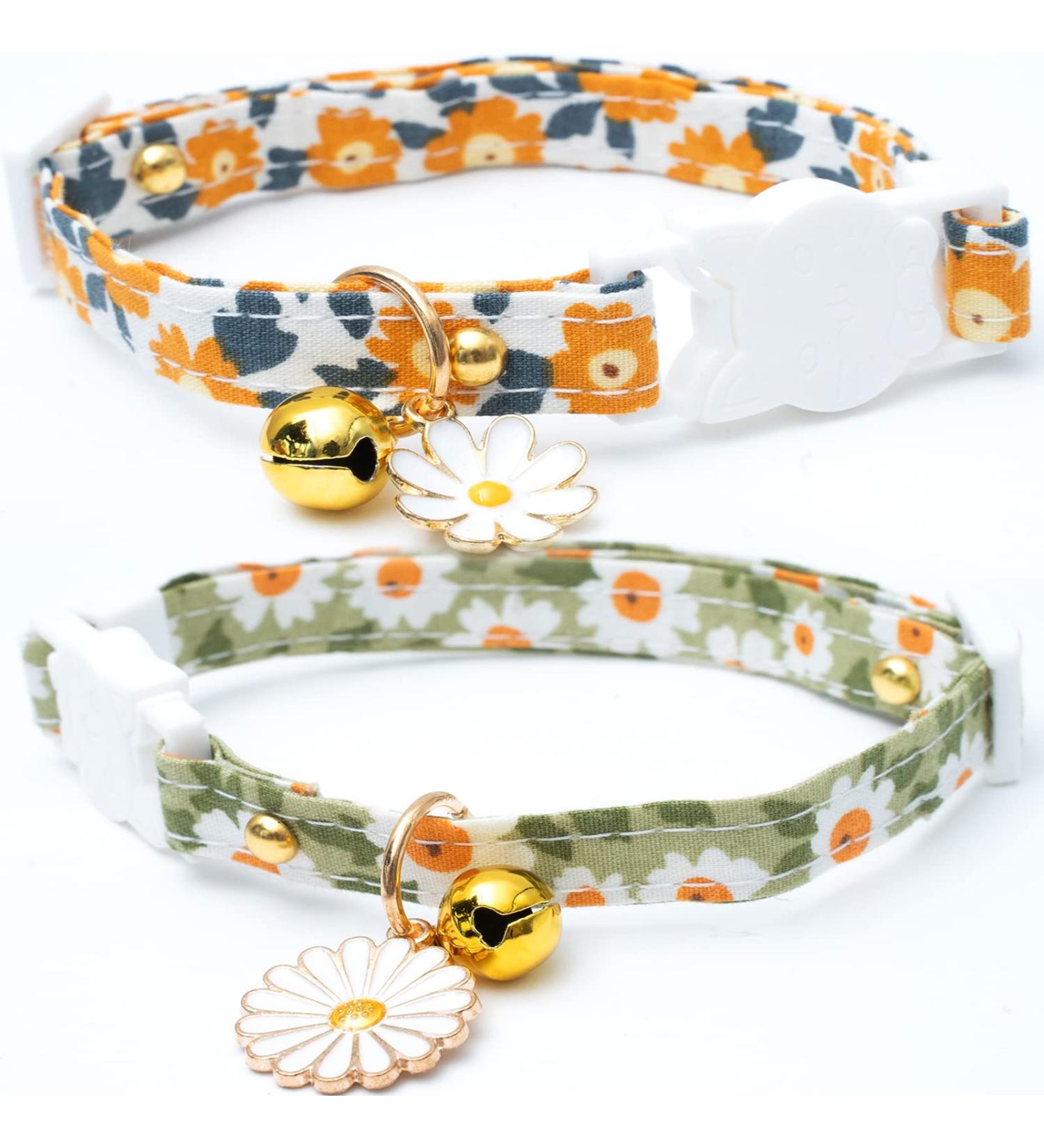 Faygarsle Cotton Breakaway Cat Collar with Bell Daisy Charm - Green & Orange - Buy Online on SooperMarket.com