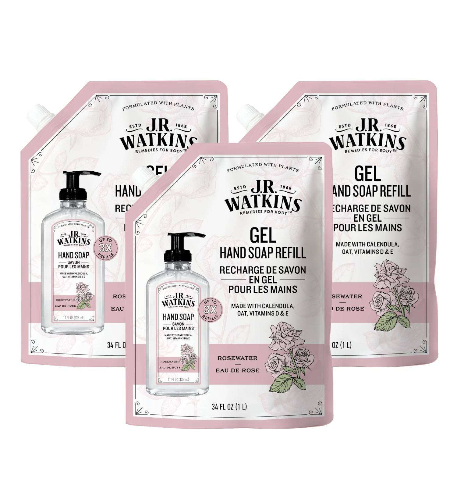 J.R. Watkins Rosewater Gel Hand Soap Refill 3 Pack - 34 Fl Oz Each | Moisturizing, All Natural, Alcohol-Free, Cruelty-Free | Made in USA - Buy Online on SooperMarket.com