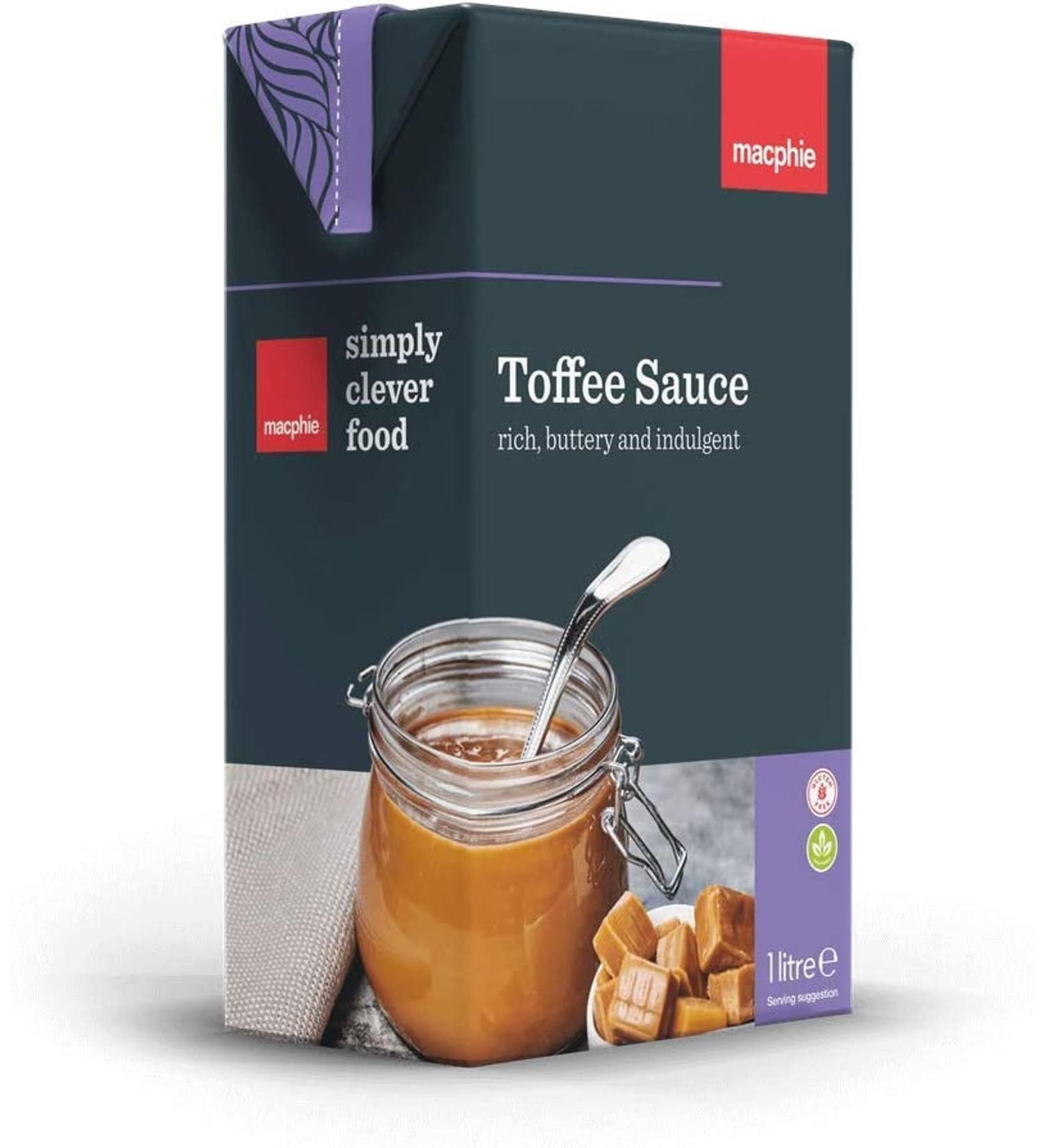 Toffee Sauce 1L. Macphie Toffee Sauce 1L Perfect for sticky toffee pudding pecan pie or as a dip for churros. Gluten free.