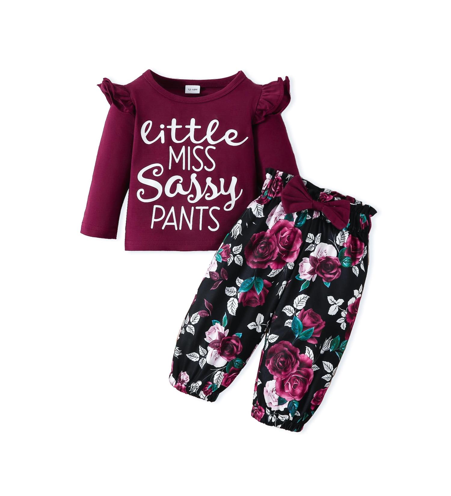 Puseky Toddler Baby Girls Cute Letter Print Shirt and Floral Pant Outfit Set 12-18 Months - Wine Red - Buy Online on SooperMarket.com