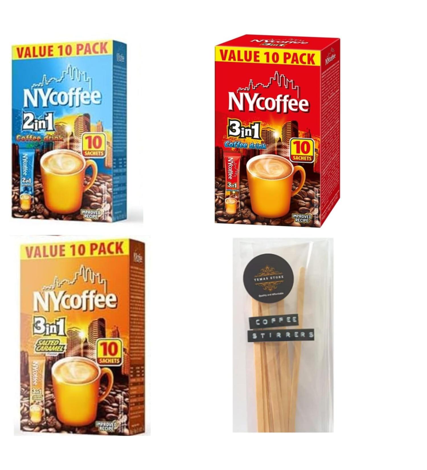 NYCoffee 3 in 1 sachets & NYCoffee 2 in 1|3 Flavours Instant Coffee- Salted Caramel White Coffee With Sugar & White Coffee Bundled with Temas Store Coffee Stirrers |30 Sachets| Add Hot Water & Stir - Buy Online on SooperMarket.com