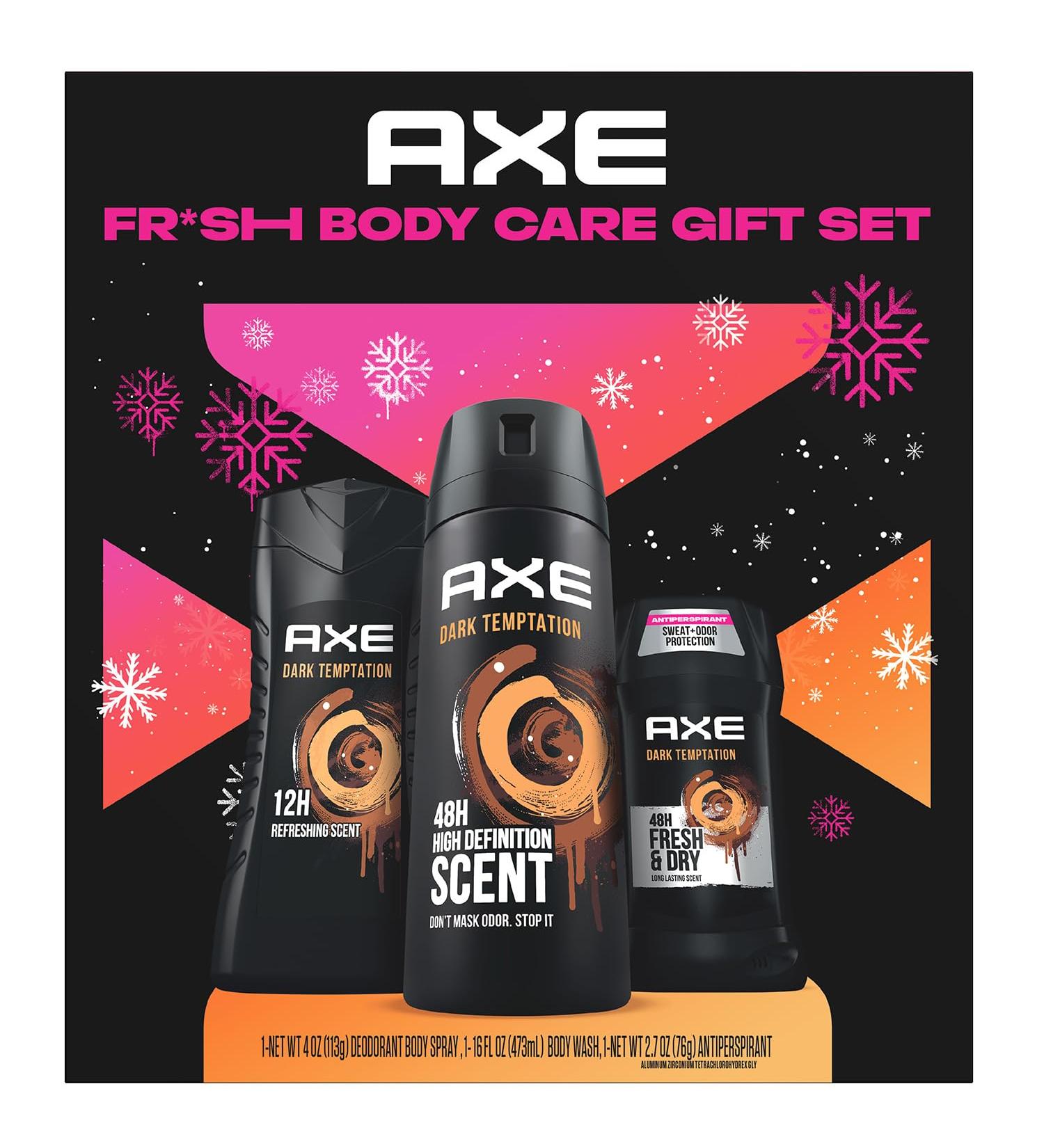 AXE Gift Set for Men Dark Temptation Fresh Body Care Set AXE Body Wash AXE Body Spray + AXE Antiperspirant 48H Odor & Sweat Protection Dark Chocolate Scent (3 Piece Set)