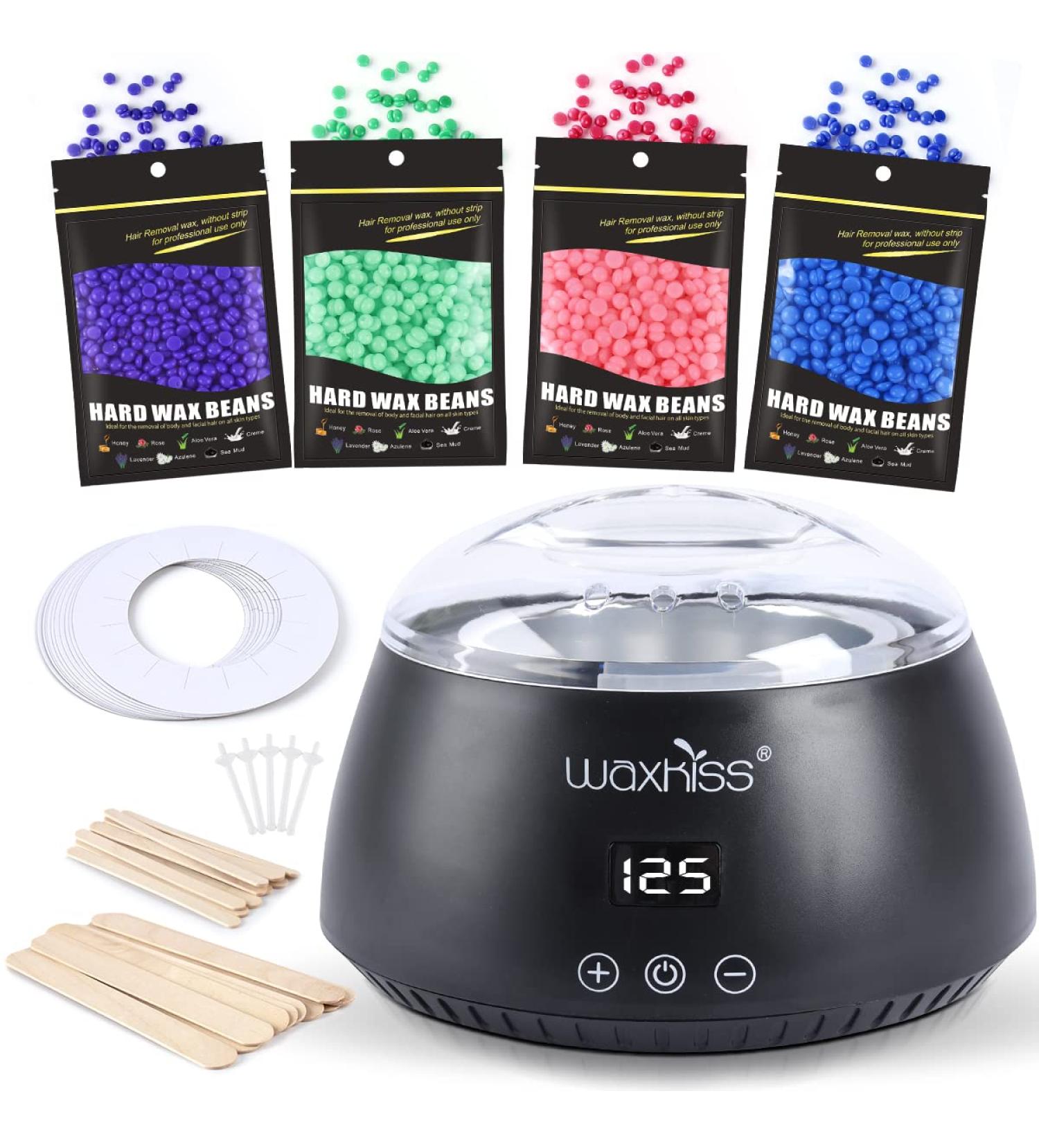 Waxkiss Wax Warmer Kit with 4 Packs Hard Wax Beans (14oz) - Painless Hair Removal for Women and Men - Ideal for Brazilian, Underarm, Bikini, Chest, Legs, Face, and Eyebrows - Black Set - Buy Online on SooperMarket.com