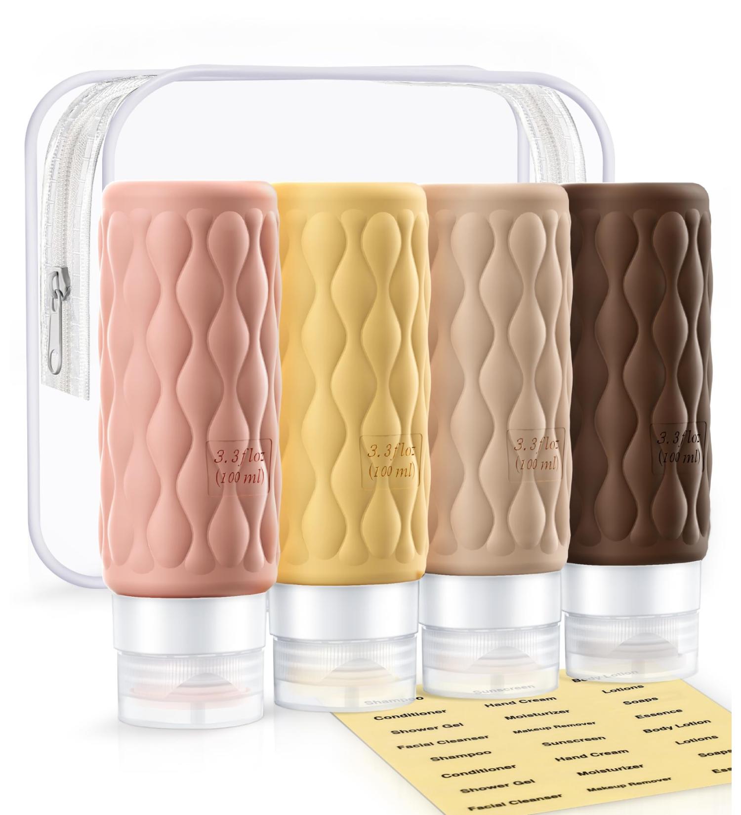 Travel Bottles for Toiletries - TSA Approved Silicone 3.4 oz Set with Clear Bag & Labels - 4 Pack Essential Travel Accessories for Shampoo Conditioner Lotion (Cream - Buy Online on SooperMarket.com