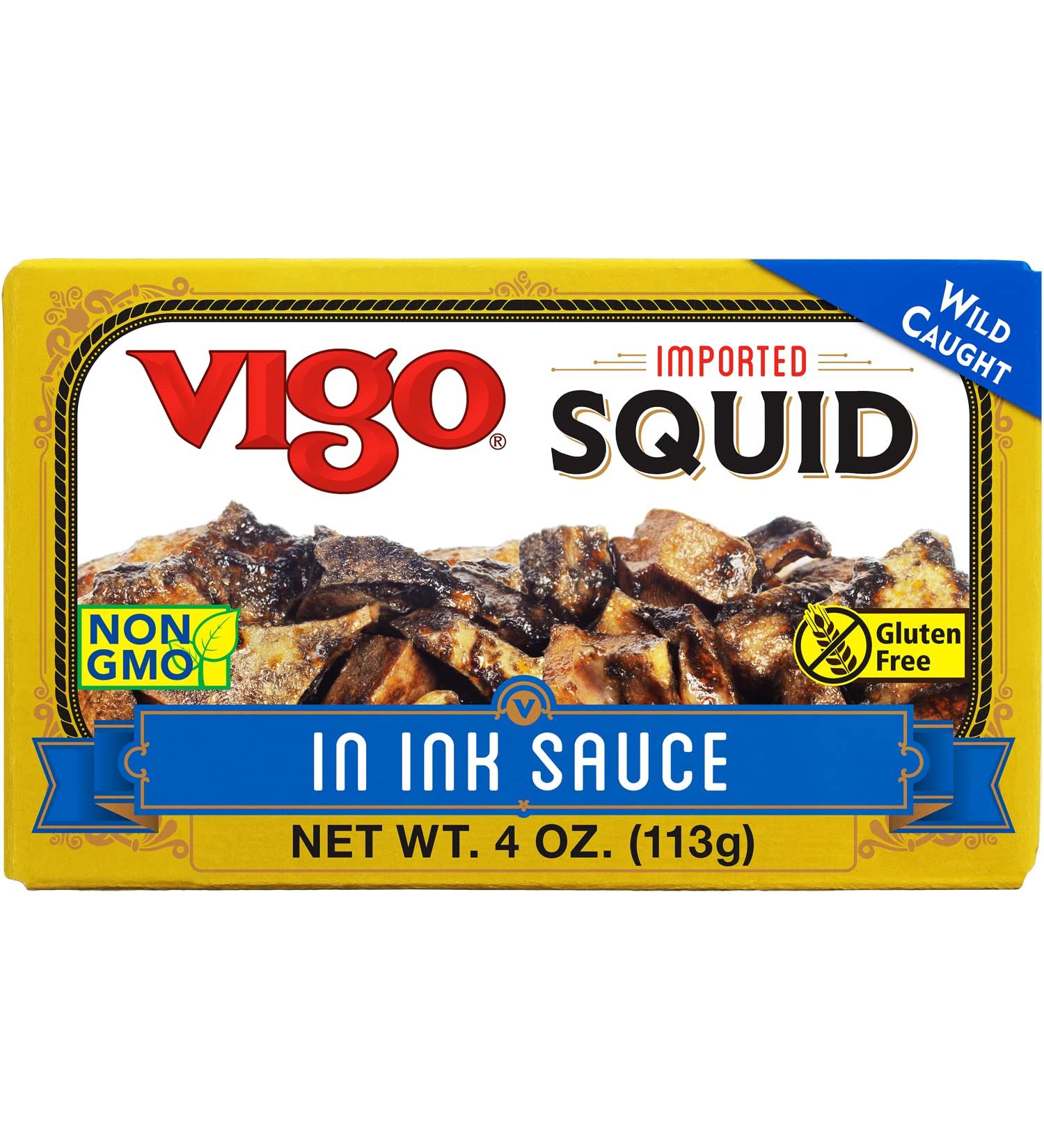 Vigo Premium Squid in Ink Sauce 4oz - Imported Canned Seafood for Recipes (Pack of 10) - Buy Online on SooperMarket.com