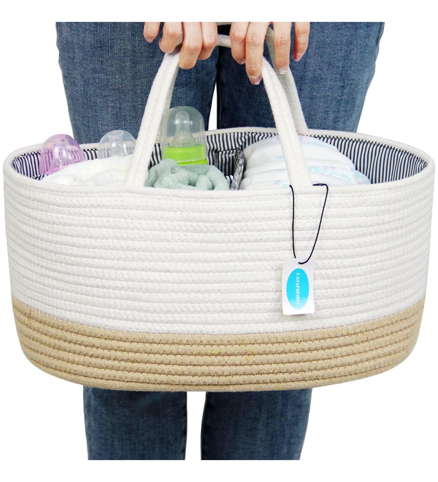 Casaphoria Large Baby Diaper Caddy Organizer - Nursery Storage Bin for Boys & Girls | Car Organizer - Cotton Rope Basket Portable Bag | Baby Shower Gift (White/Yellow 15.5 x10 x7) - Buy Online on SooperMarket.com