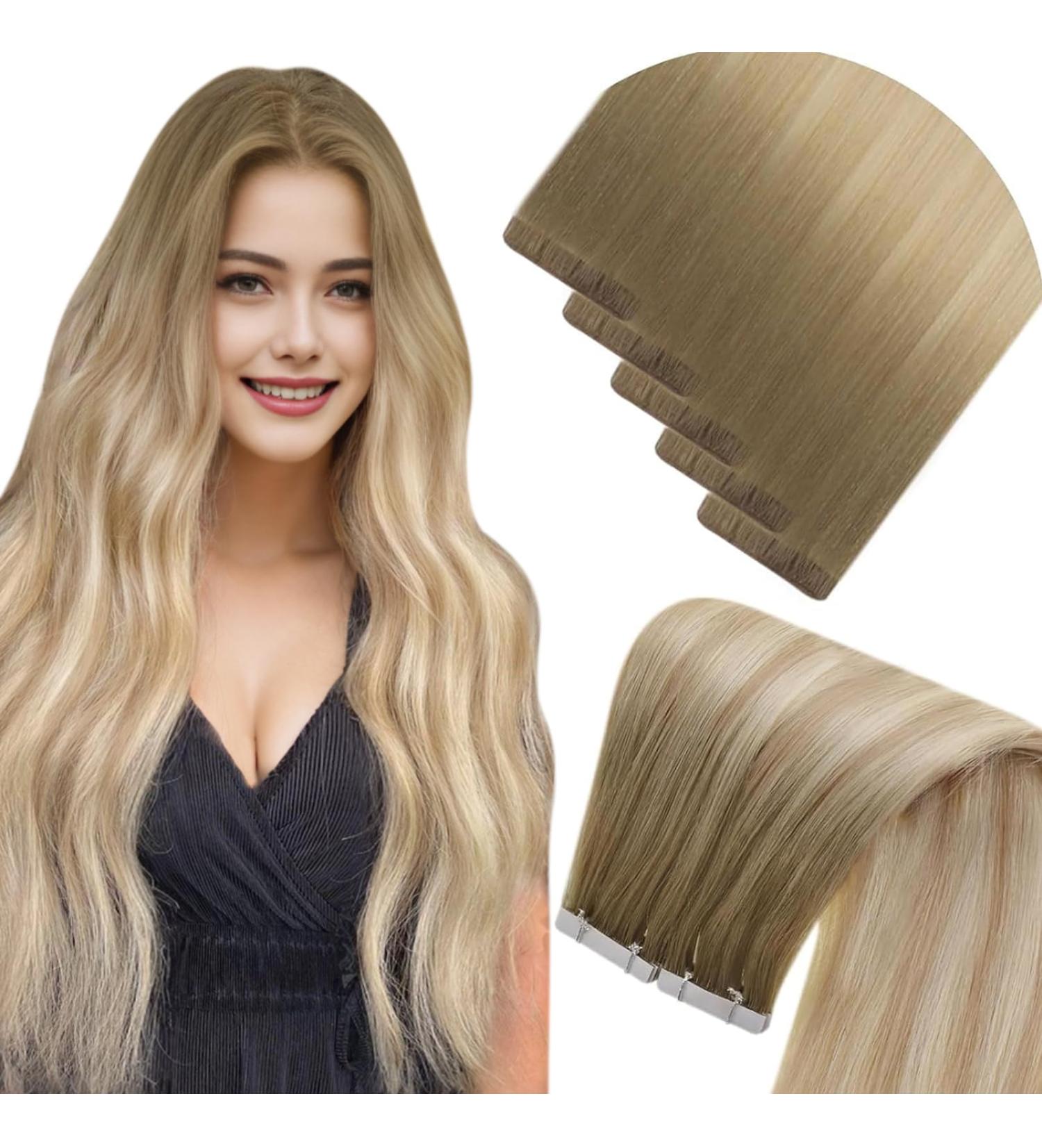 LAAVOO Real Hair Tape Extensions - 60cm Blond Ombre Balayage #8/27/60 | 5Pcs Virgin Hair Perfect for Seamless Volume & Length - Buy Online on SooperMarket.com