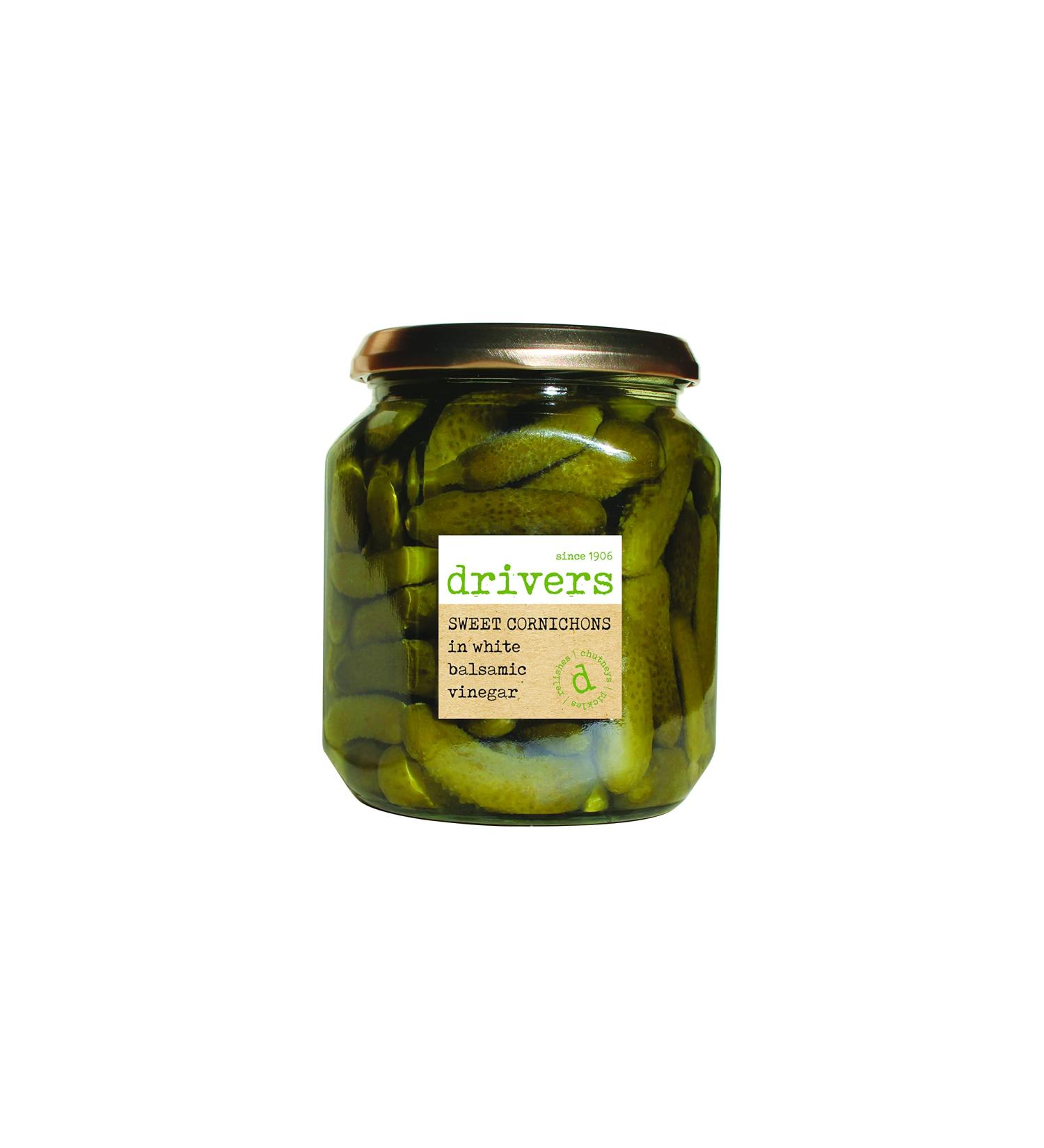 Drivers Sweet Cornichons in White Balsamic Vinegar - Traditional Drivers Recipe Party Favourite Picklers Since 1906 Mini Gherkins Gluten-Free Suitable for Vegetarians and Vegans - 550 g Jar - Buy Online on SooperMarket.com