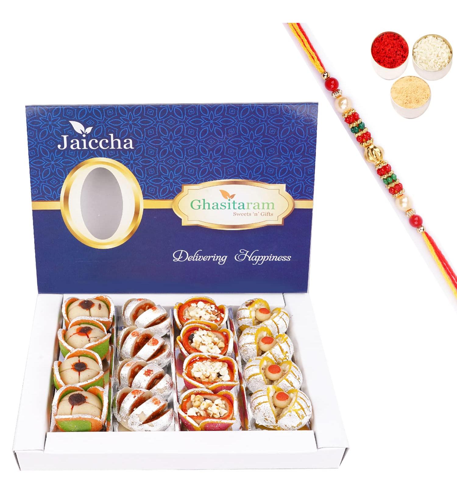 Jaiccha Ghasitaram Rakhi Gifts for Brothers Dryfruit Special Fancy Sweets 400 GMS with Beads Rakhi - Buy Online on SooperMarket.com