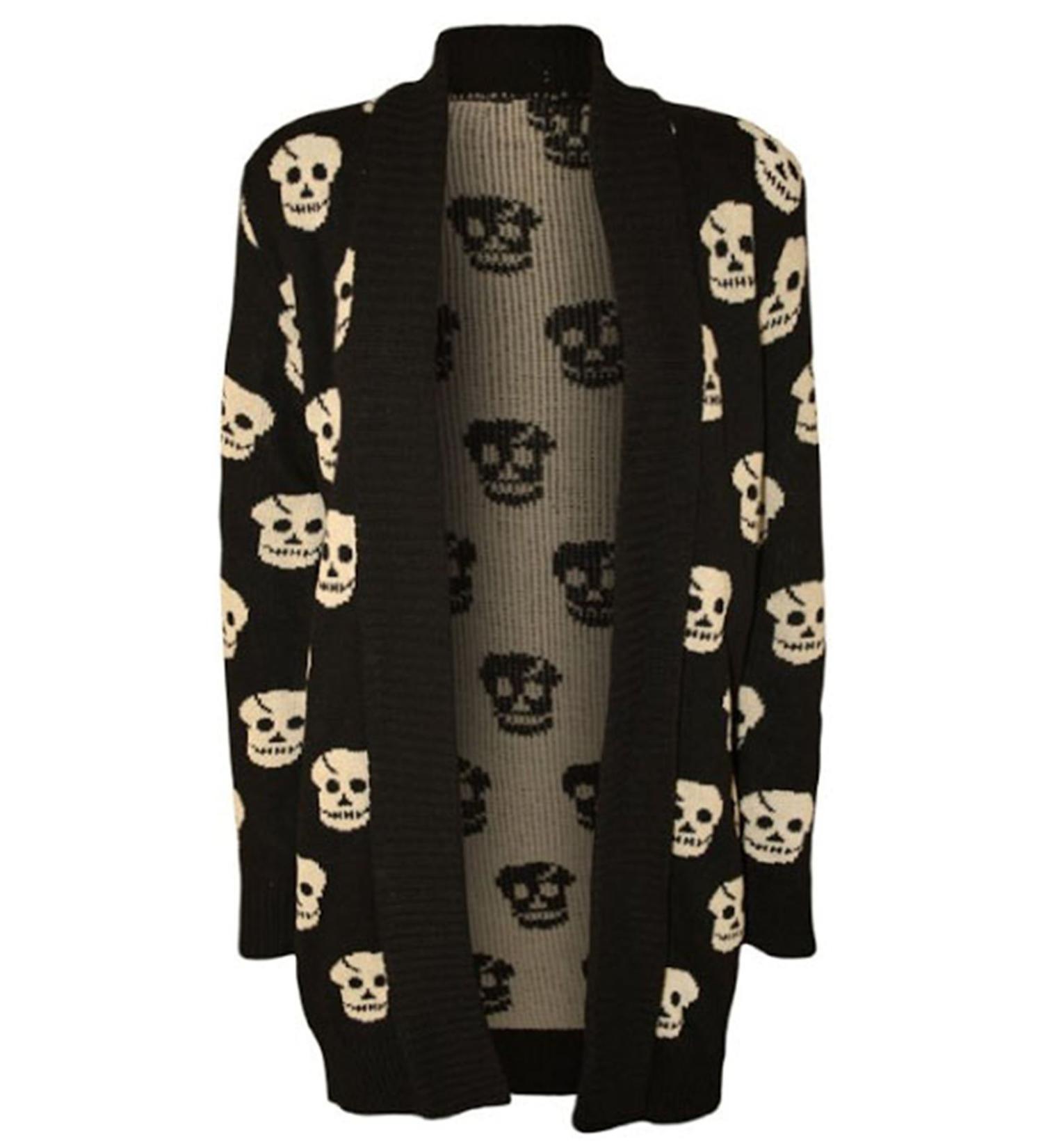 Fast Fashion Ladies Long Sleeves open Cardigan Skull Owl Front and above M-L Sch del Schwarz