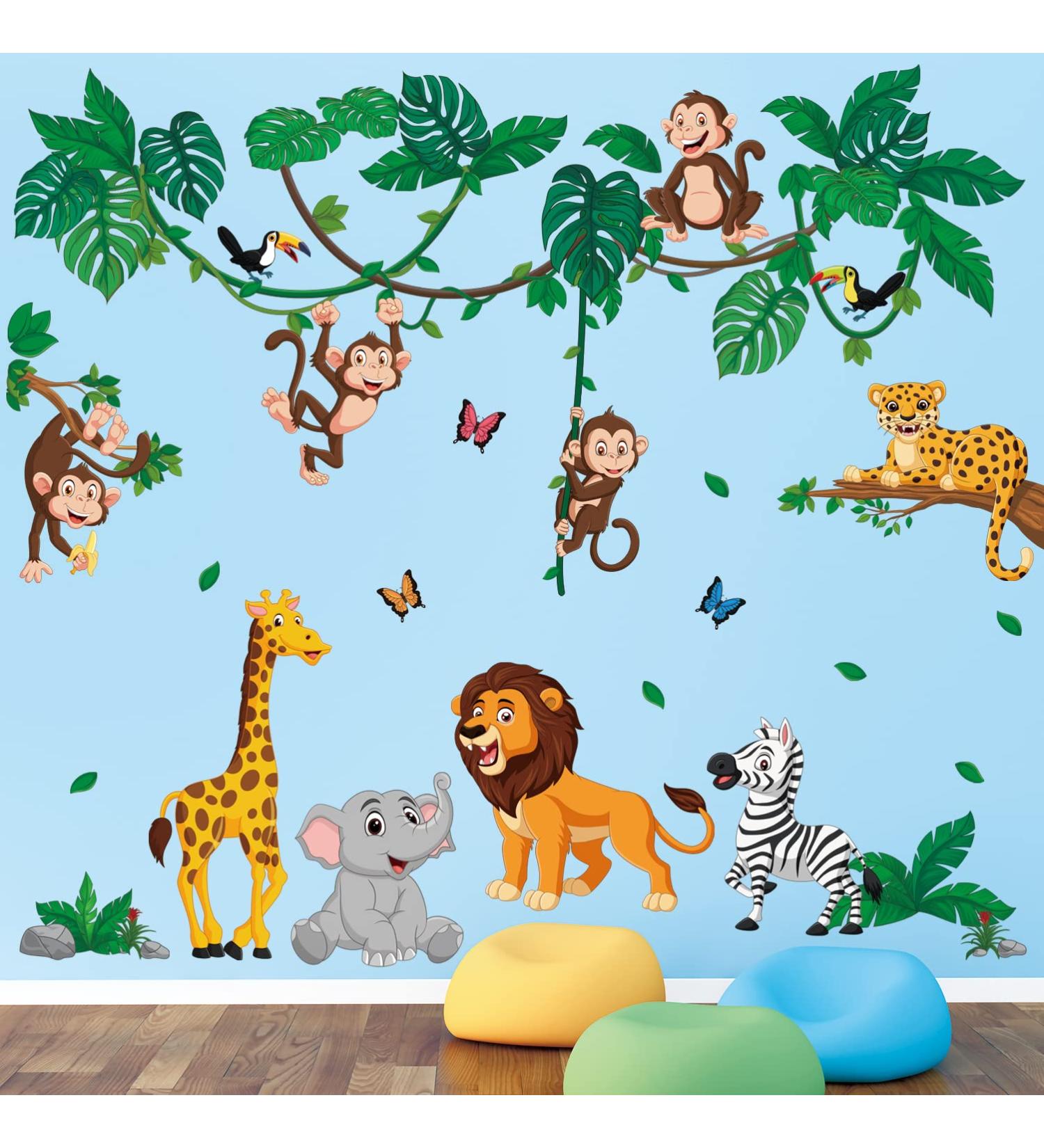 DECOWALL DSL-8069 Jungle Animals Cartoon Wall Stickers - Safari Decals for Nursery & Kids Room Wall Decor - Buy Online on SooperMarket.com