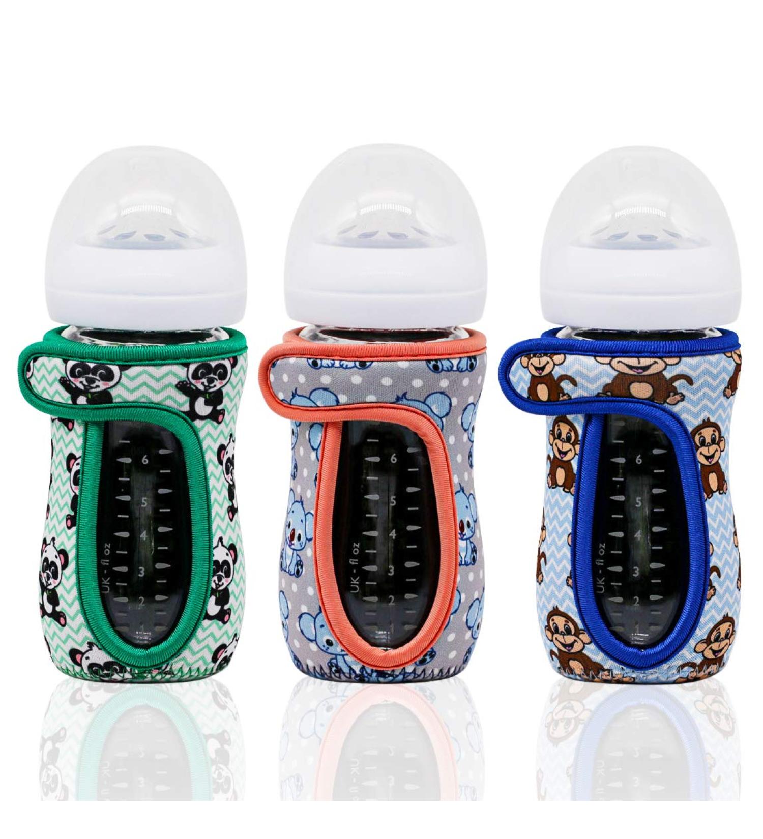 Neoprene Glass Baby Bottle Sleeve Covers for 8 oz Philips Avent - Set of 3 Panda Koala Monkey | Adjustable, Heat/Cold Retention, Non-Slip Grip - Buy Online on SooperMarket.com