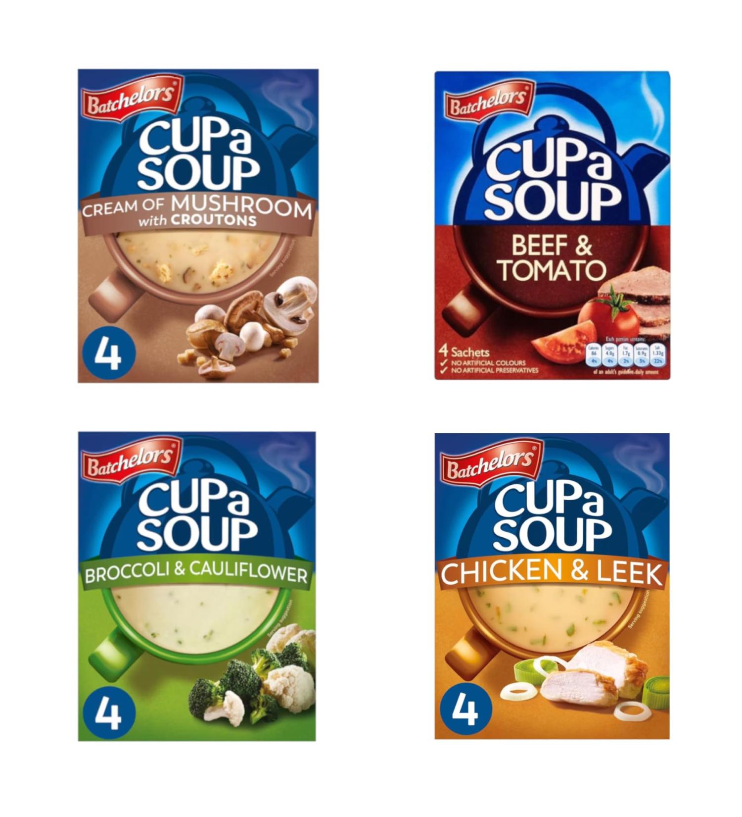 Cuppa Soup Variety Bundle - 4 Delicious Flavours - with Batchelors Cup a Soup Beef & Tomato Chicken & Leek Broccoli & Cauliflower and Mushroom - 16 Sachets in Total - Ready in Minutes - Buy Online on SooperMarket.com