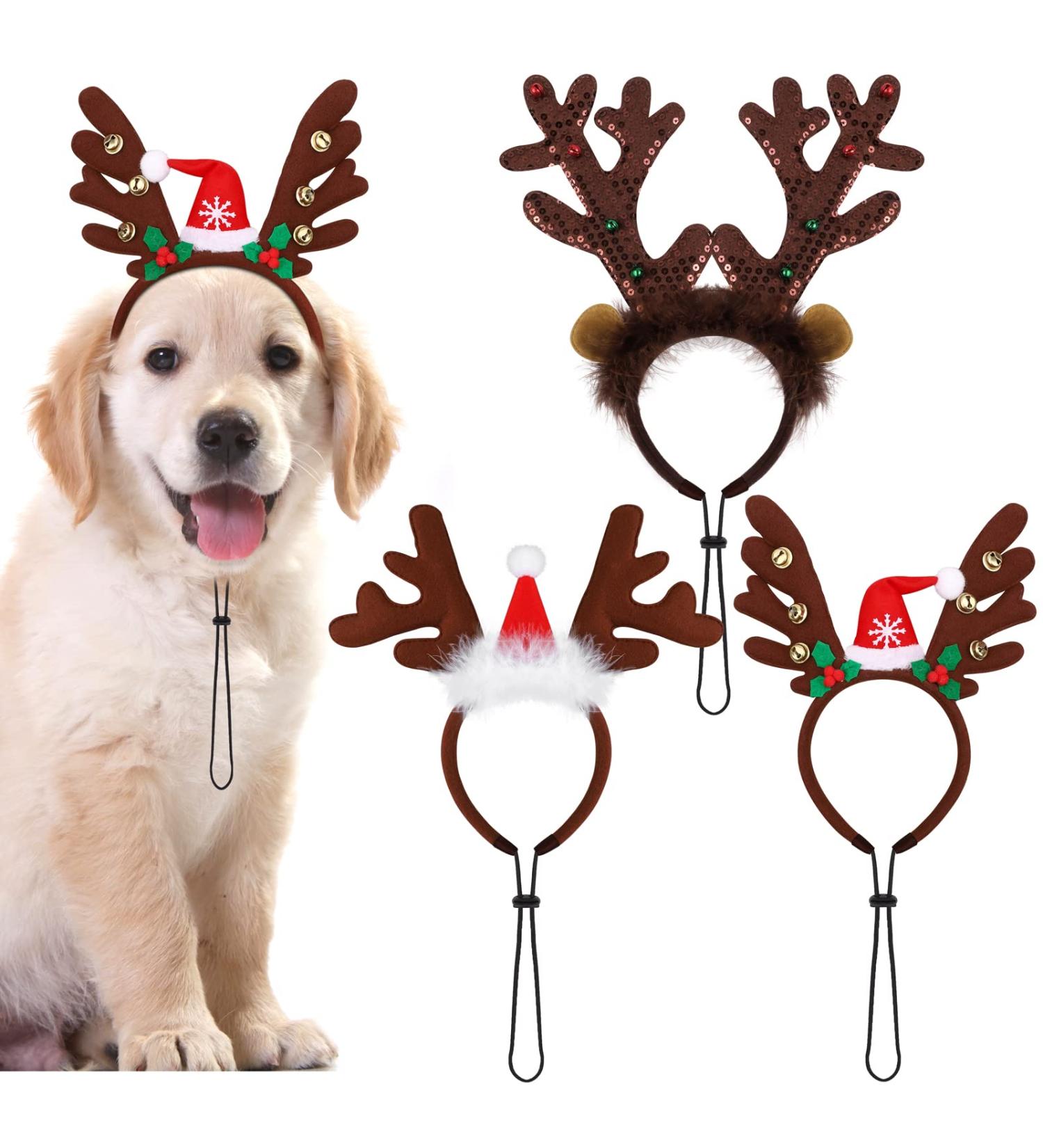 Pedgot 3 Pack Christmas Pet Headwear Xmas Hair Loop Brown Reindeer Antlers Headband Christmas Pet Costume Hair Accessory for Dogs - Buy Online on SooperMarket.com