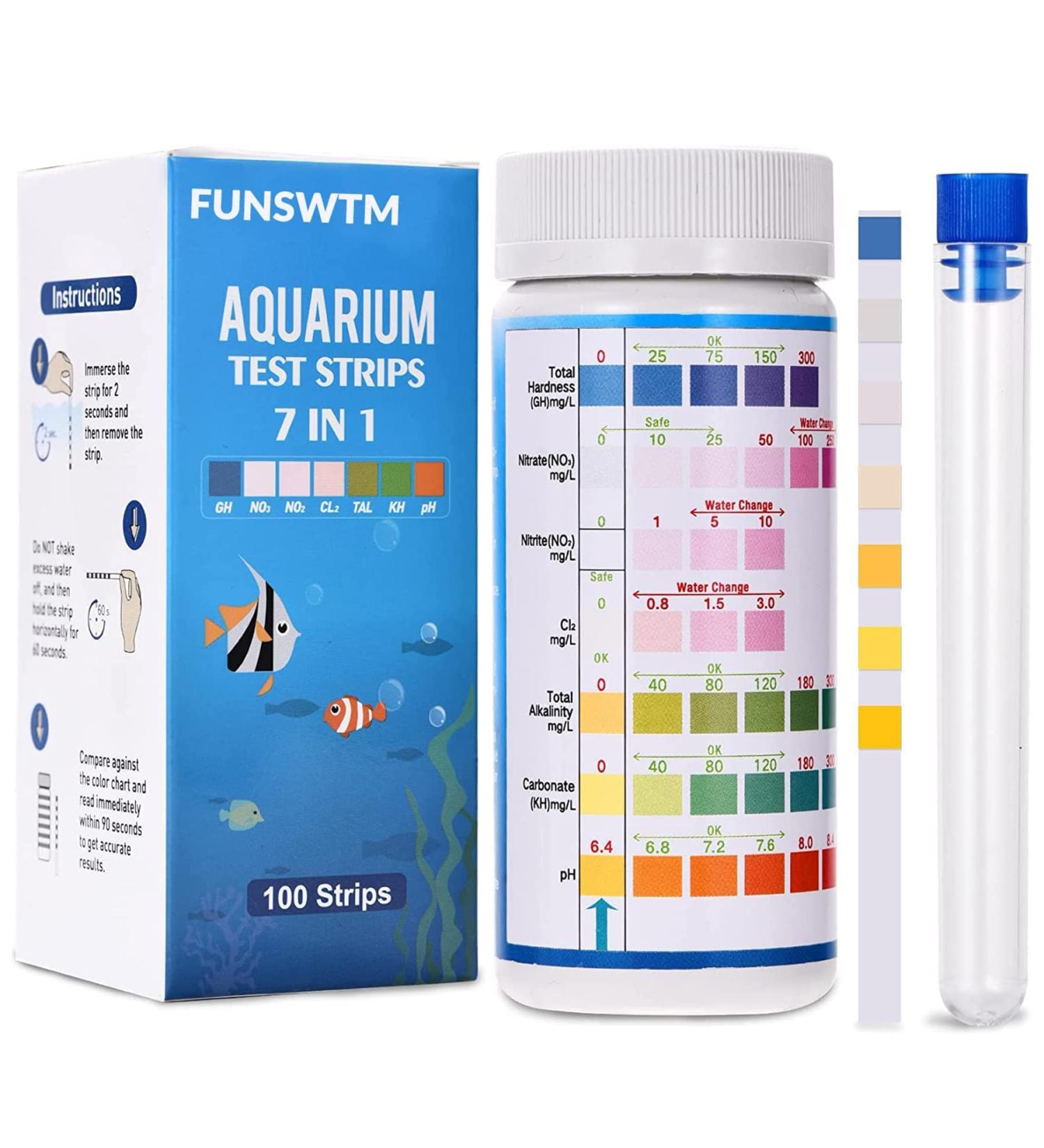 FUNSWTM 7 in 1 Aquarium Test Strips - 100Pcs | Freshwater and Saltwater Fish Tank Test Kit for pH, Nitrite, Nitrate, Chlorine & Hardness Detection - Buy Online on SooperMarket.com