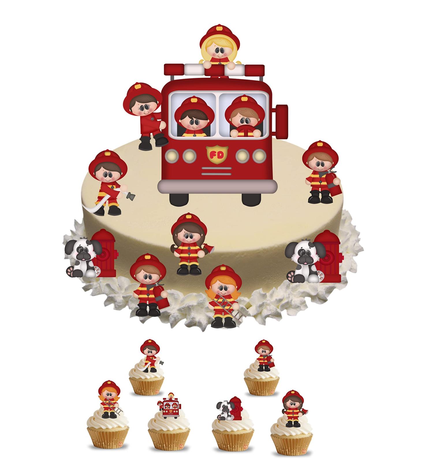 edible Fireman Firemen Fire Engine Stand Up Scene Made from Edible Wafer Card Perfect for Decorating Your birthday Cakes- childrens kids party Standing Cupcake Cake Toppers 25 pieces - Buy Online on SooperMarket.com