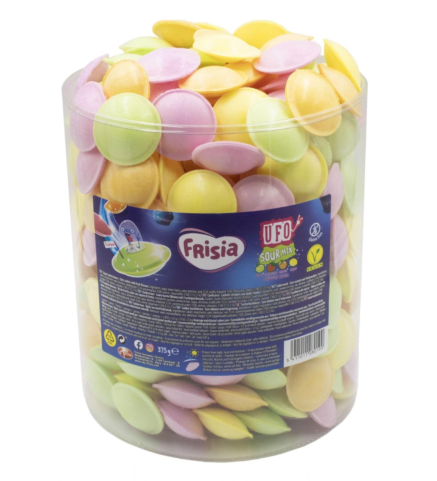 Frisia UFO Sour Mix - Flying Saucers Candy 375g Jar - Apple Strawberry Orange Lemon Flavors - Gluten-Free & Vegan Treat Sold by Swiss+ - Buy Online on SooperMarket.com