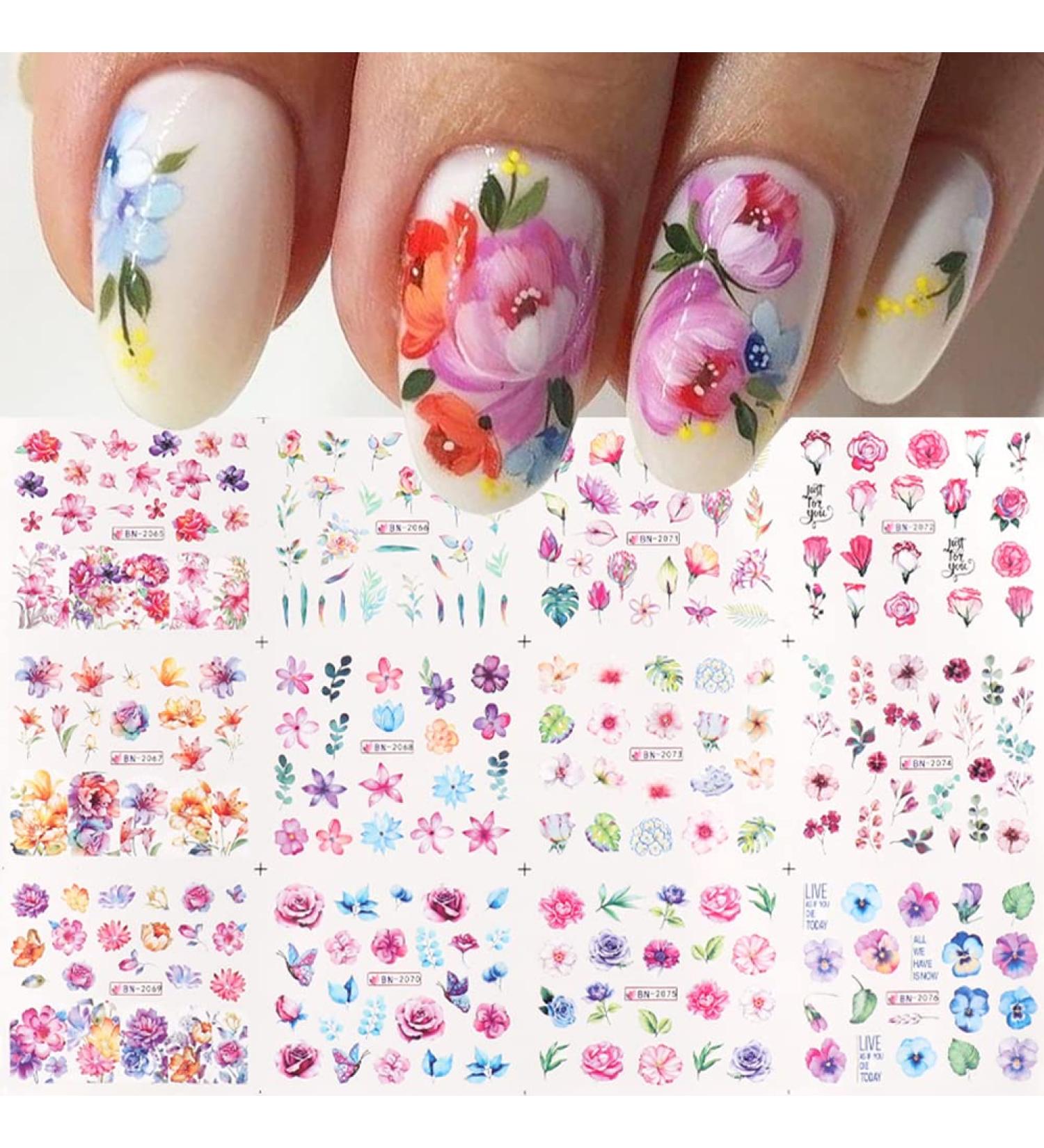 12pcs Flower Nail Art Stickers - Water Decals for Nails - Spring Rose Floral Leaf Designs - Summer Manicure Decoration - Nail Art Supplies - Buy Online on SooperMarket.com
