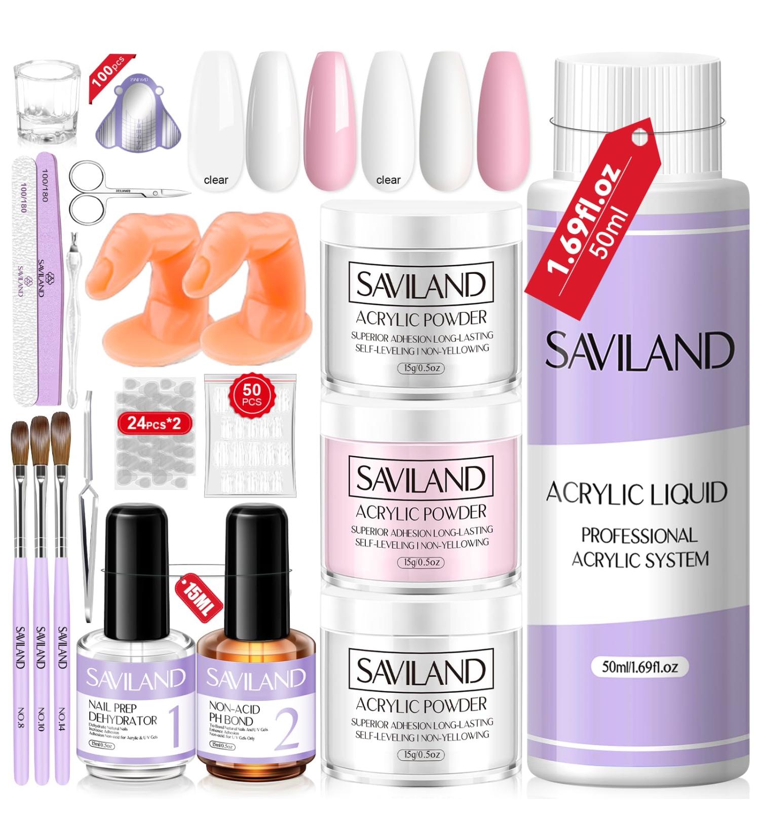 Saviland Acrylic Nail Kit for Beginners - 3 Colors Powder & Liquid Set with Nail Brush & Tools - DIY Nail Extension & Manicure Gift - 02 with Practice Fingers - Buy Online on SooperMarket.com