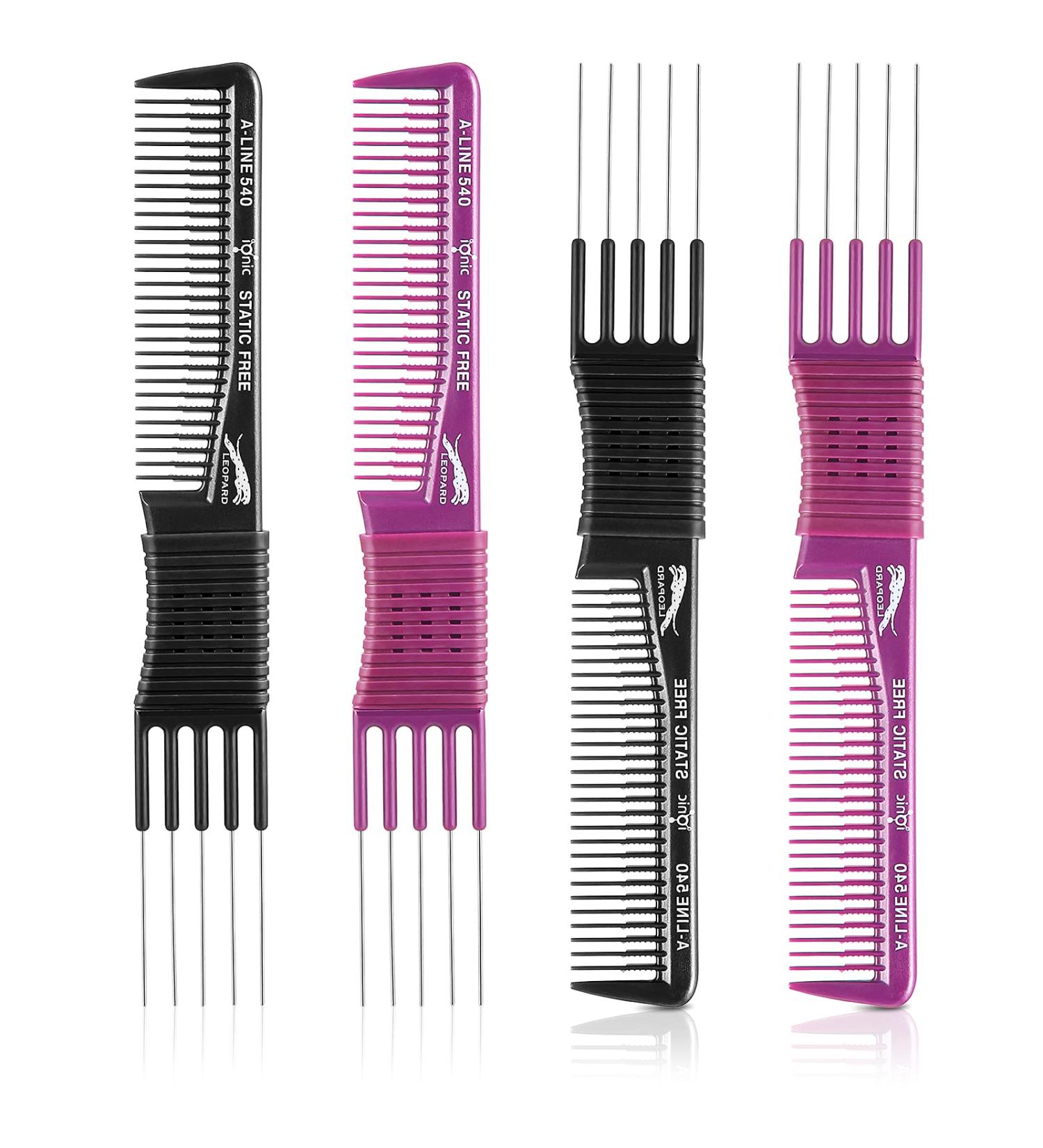 4 Pieces Carbon Lift Teasing Combs - Salon Lifting Fluffing Comb for Women - Black and Purple Artsy Style - 5 Stainless Steel Pins Included - Buy Online on SooperMarket.com