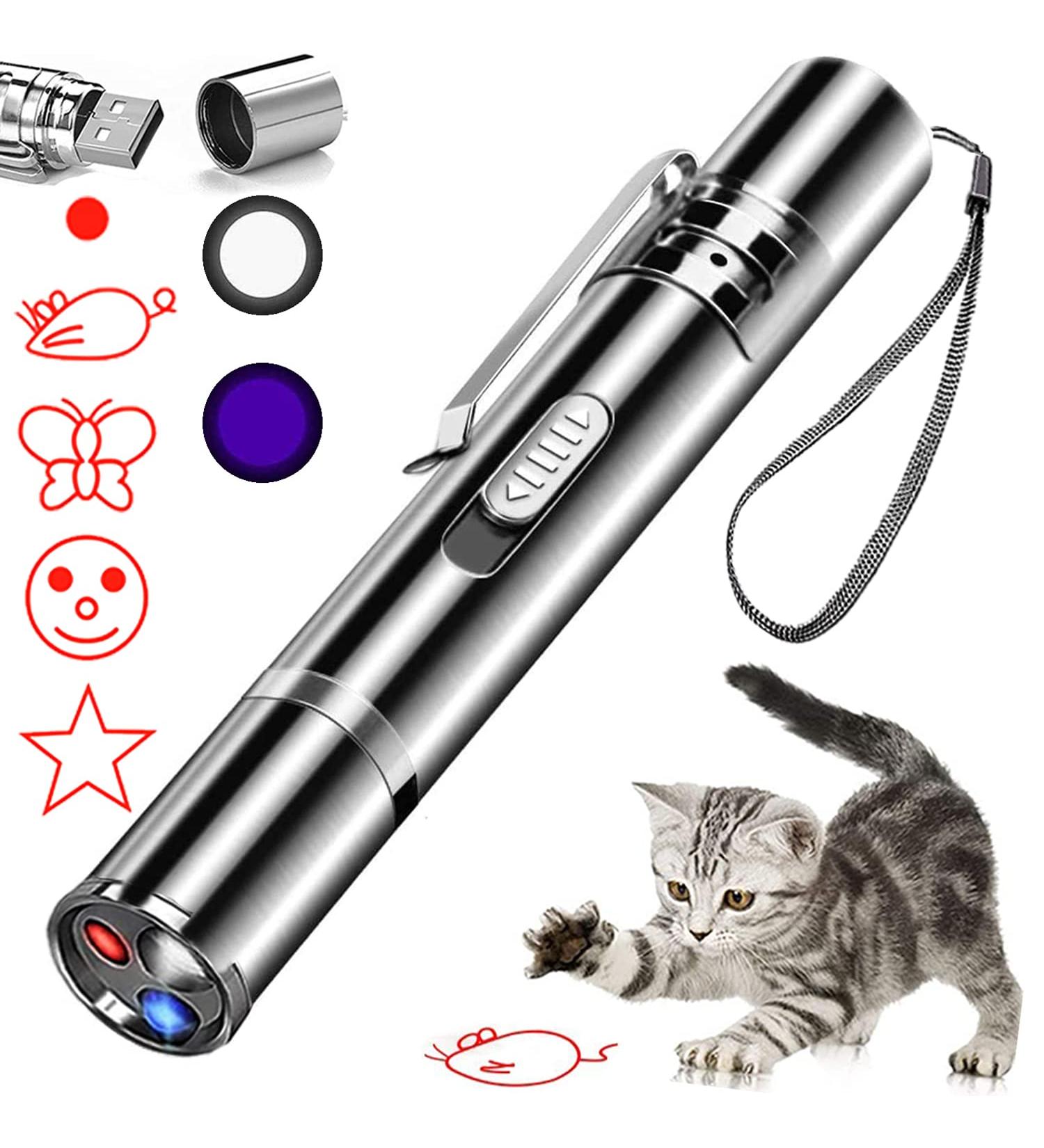 Cat Laser Toy: Red Dot LED Interactive Toy for Indoor & Outdoor Pets - Long Range 5 Modes - USB Rechargeable - Buy Online on SooperMarket.com