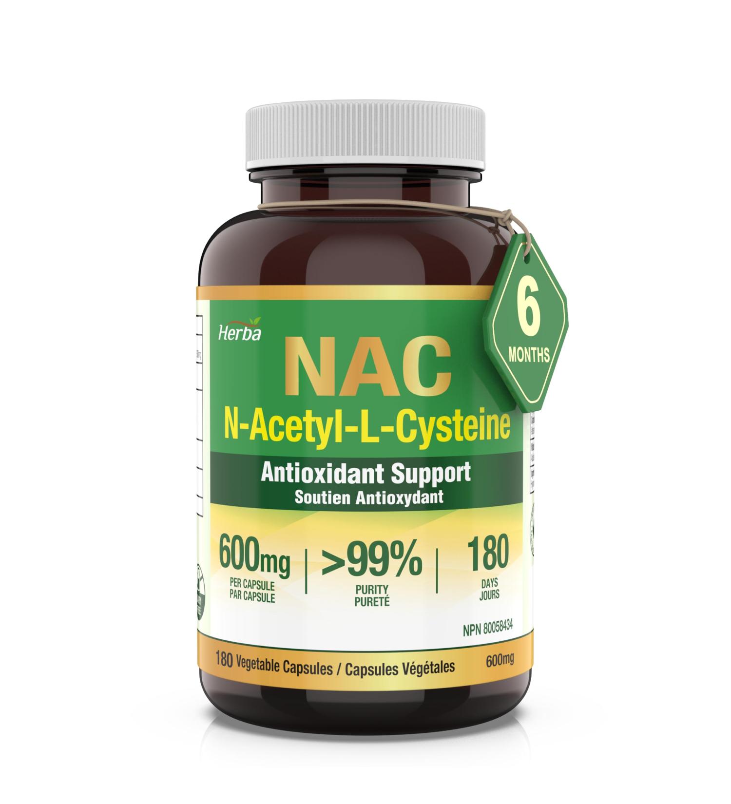 Herba NAC Supplement 600mg 180 Vegetable Capsules | N-Acetyl-L-Cysteine | NAC Supplement 600 mg for Antioxidant | Premium & Pure | Product of Canada | 180 Capsules - Buy Online on SooperMarket.com